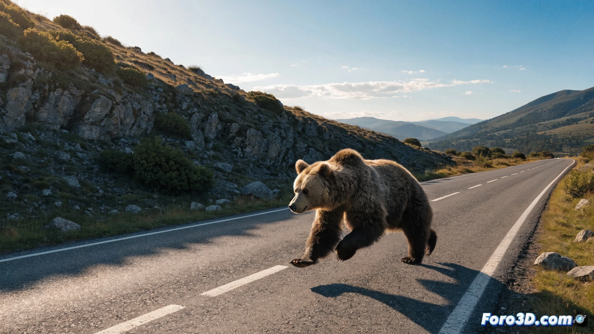 Brown bear running across wet asphalt of NA-140 rural road in Navarra at dusk, a red car braking sharply in background with brake lights glowing, bear mid-stride with fur rippling, paws hitting road surface, motion blur on trees and guardrails, cinematic photorealistic wildlife traffic hazard scene, dramatic low-angle shot, wet road reflecting taillights, golden hour light filtering through pine forest, ultra-detailed fur texture, dust particles kicked up by bear paws, high-contrast dramatic lighting, realistic European landscape, 8k technical wildlife photography style