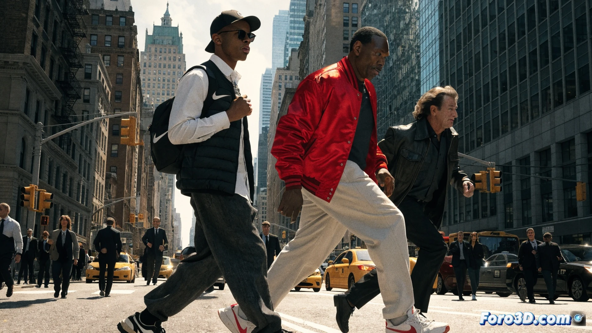 peatón con mochila caminando por la acera de Nueva York mientras dos figuras legendarias del deporte aparecen a su lado en segundos, una levantando un balón de baloncesto y otra con un bate de béisbol, fondo de rascacielos y taxis amarillos borrosos por movimiento, cámara subjetiva desde la altura del peatón, estilo cinematográfico realista, iluminación natural de tarde, sombras marcadas, asfalto húmedo reflejando luces de neón, sensación de encuentro espontáneo y sorpresa, photorealistic urban scene