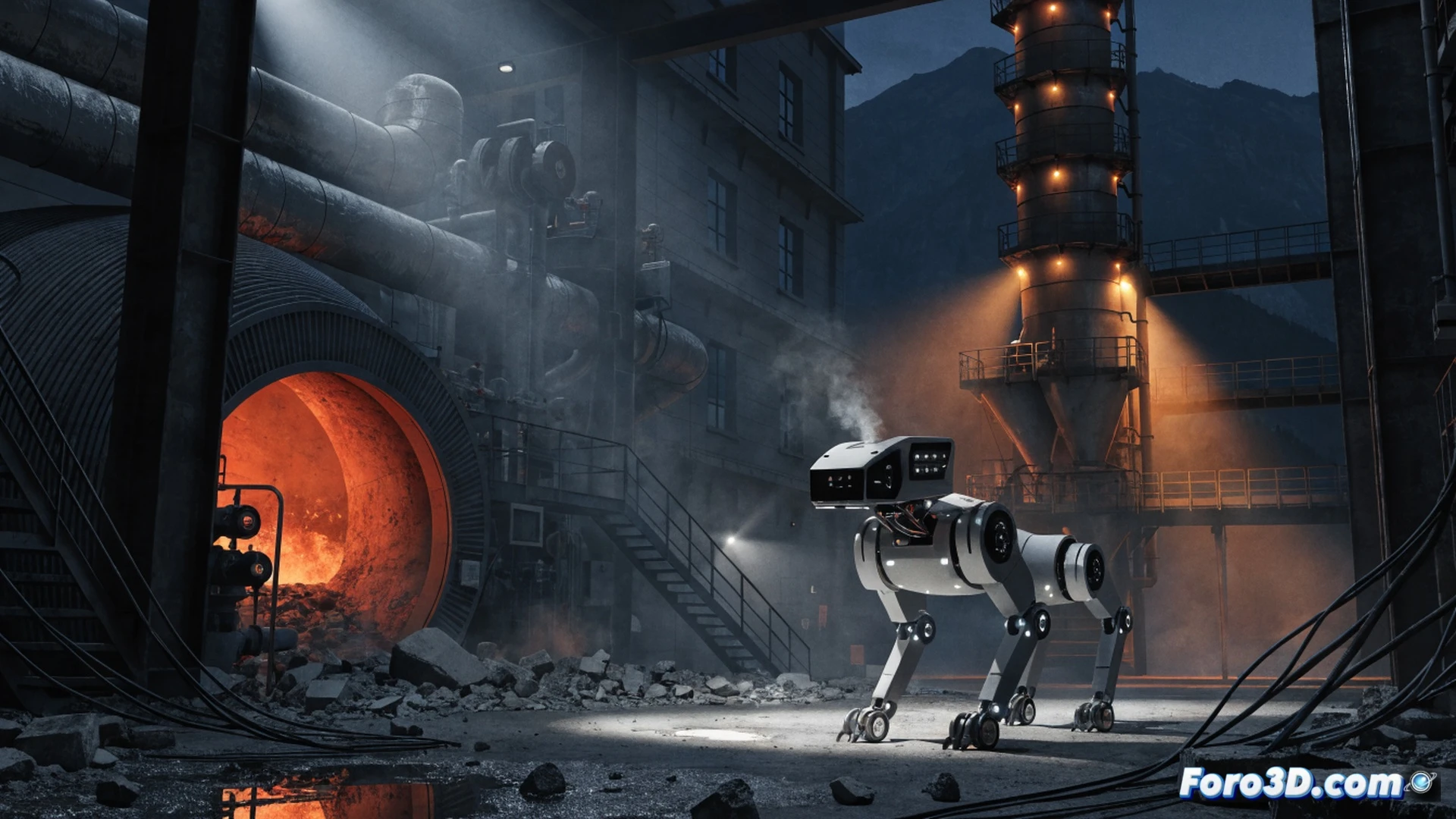 quadrupedal robot ANYmal walking on gravel at night inside a Swiss cement plant, thermal cameras scanning a pipe joint with ammonia warning label, heat waves rising from nearby kiln, infrared glow on metallic legs, robotic paw stepping over a cracked concrete floor, industrial lights casting long shadows, dust particles illuminated in beams, ultra-detailed mechanical joints, photorealistic technical visualization, cinematic low-angle shot, action of inspection during patrol, demonstrating autonomous hazard detection