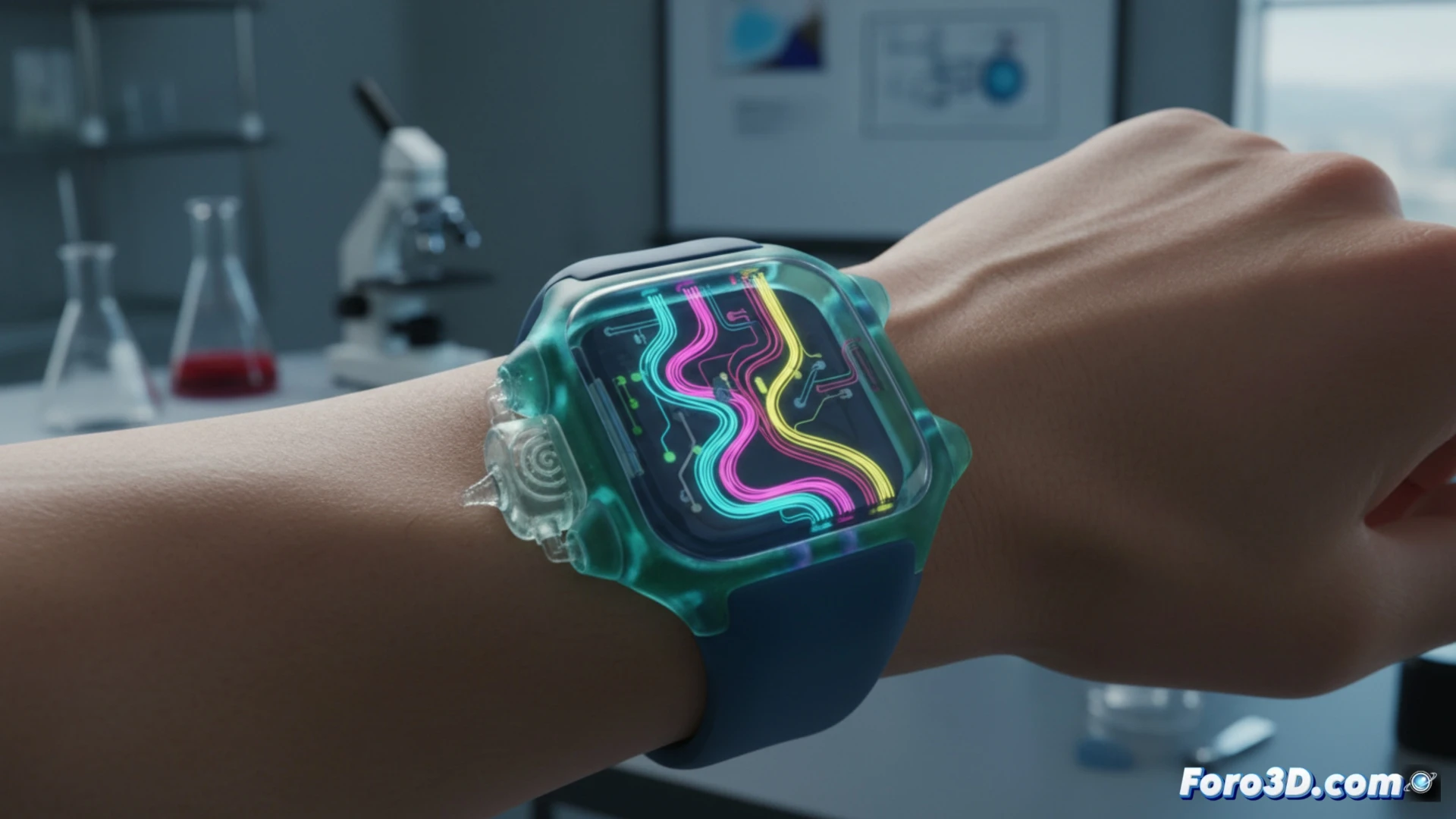 Un reloj digital blando de silicona transparente, con microcanales internos de líquidos coloreados que marcan la hora, sin pilas ni circuitos.