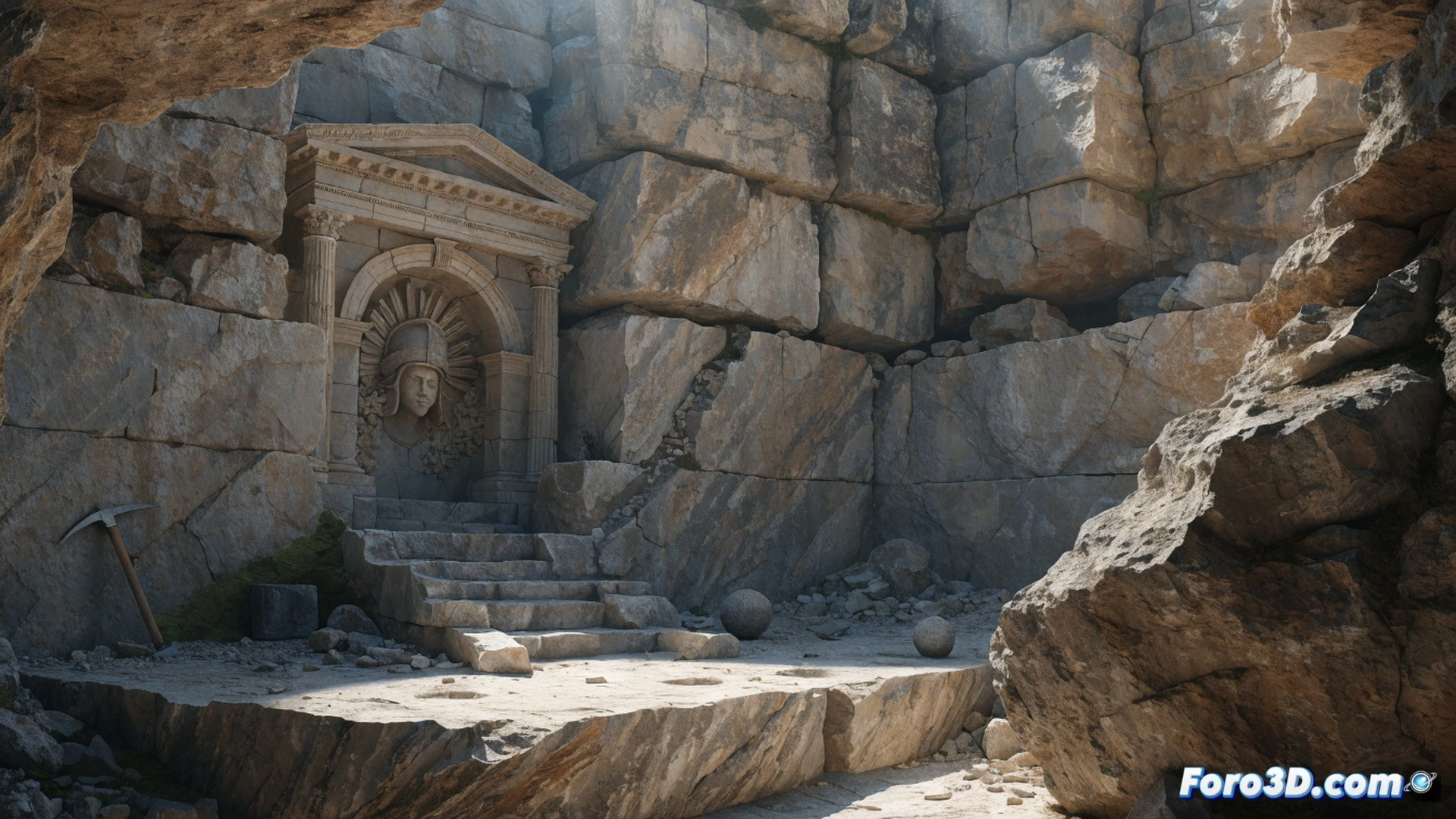 Roman quarry workers carving a small temple into a limestone cliff face, one artisan chiseling a Minerva relief while another holds a wooden mallet, scattered iron tools and broken stone blocks on the ground, morning sunlight casting long shadows across the rock face, dust particles suspended in the air, photorealistic archaeological reconstruction, cinematic lighting with warm ochre tones, weathered textures on the ancient stone, detailed chisel marks and tool grooves, dramatic depth of field focusing on the emerging goddess figure, ultra-realistic rock strata and moss patches