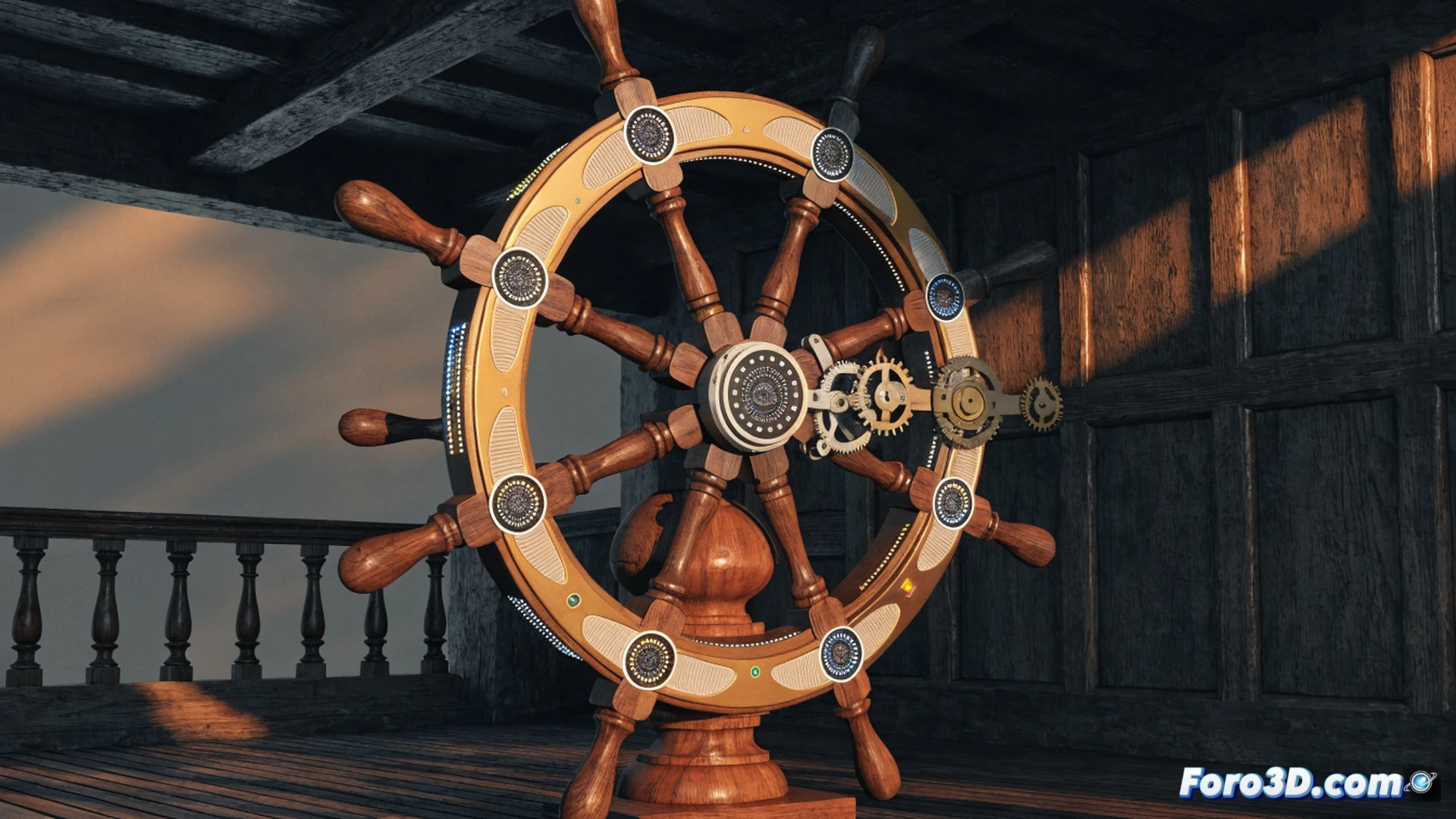 Timón realista de madera con mango metálico, girado por manos de un jugador mientras una pantalla muestra un barco pirata virando en el juego, sistema de codificación óptica expuesto con LED rojos y sensores alineados sobre un soporte impreso en 3D, cables conectados a una placa Arduino sobre una mesa de taller con herramientas de precisión, demostrando el proceso de calibración en tiempo real, estilo cinematic technical illustration, iluminación dramática con sombras duras, texturas rugosas de filamento plástico, reflejos metálicos en componentes electrónicos, fondo desenfocado con monitor mostrando Sea of Thieves, photorealistic engineering visualization
