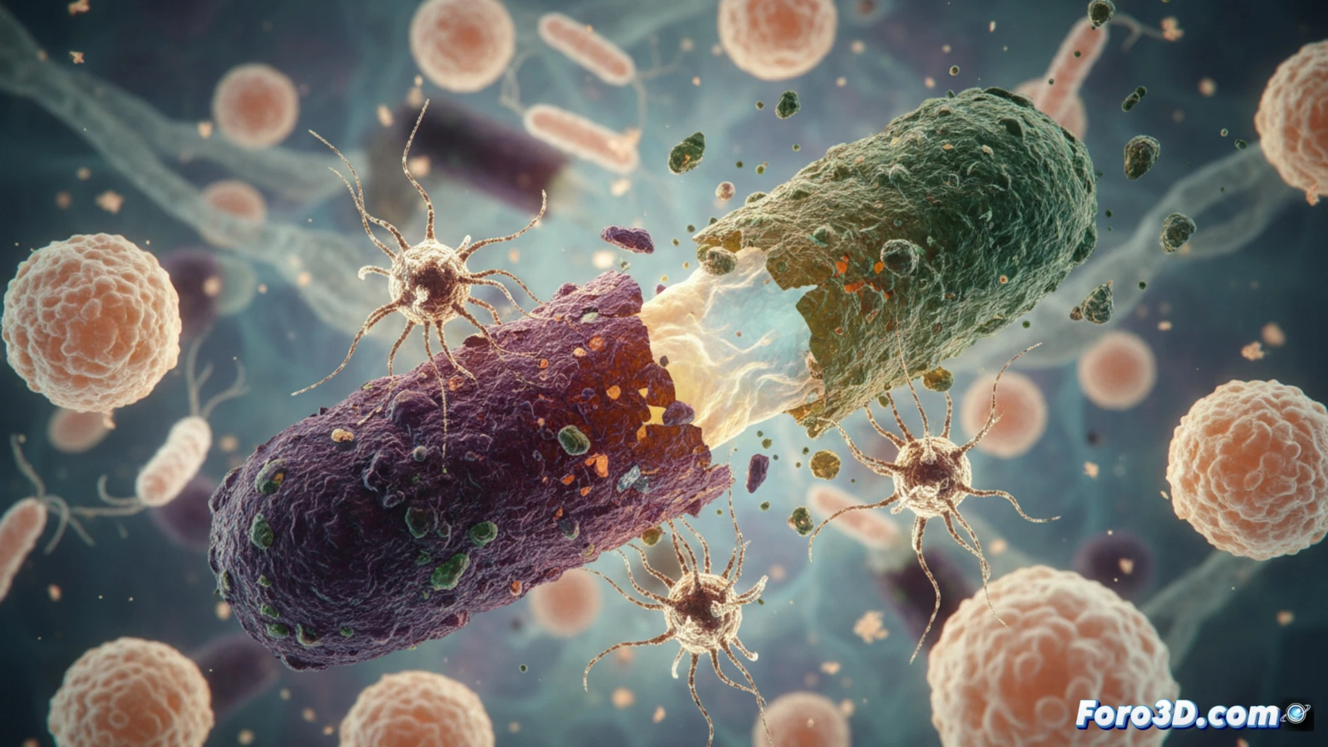 Microscopic view of E. coli bacteria shedding its protective capsule, virus particles attaching to bacterial surface forcing armor removal, immune cells approaching exposed bacteria, technical medical illustration style, glowing translucent capsule peeling away, realistic cellular textures, dramatic dark-field lighting, high magnification detail, photorealistic biological visualization, action during infection process