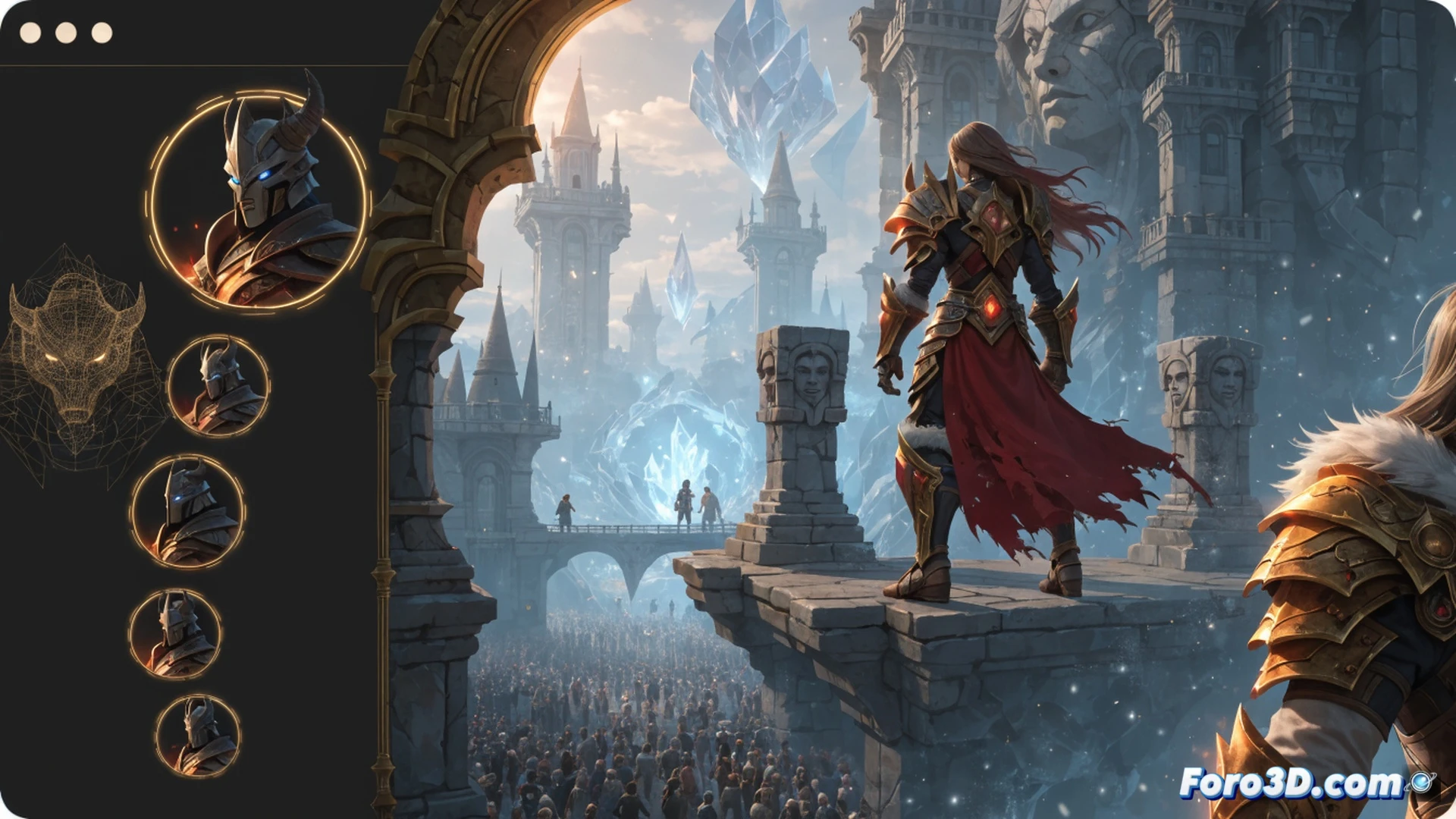Browser window glowing with fantasy RPG scene, hundreds of tiny player avatars moving simultaneously across a grassy battlefield near a medieval castle, floating code panels and neural network diagrams overlaying the game world, stylized interface elements like health bars and spell effects rendered in low-poly style, cinematic technical visualization, warm sunset lighting casting long shadows, particle effects from magic spells and dust clouds, seamless integration of game graphics and AI processing nodes, photorealistic game engine aesthetic, dynamic action with players casting spells and fighting monsters during a raid encounter