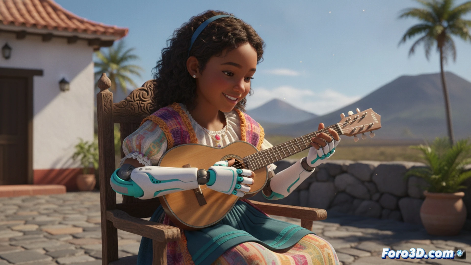 niña canaria sentada tocando un timple, prótesis de mano impresa en 3D sosteniendo el mástil del instrumento, dedos mecánicos articulados presionando cuerdas, brazo protésico conectado a su antebrazo, mesa con filamentos de impresión 3D y un software de diseño CAD abierto en una tableta, fondo de taller con impresora 3D en funcionamiento, luz cálida de estudio, estilo cinematográfico fotorrealista, enfoque nítido en la interacción entre la prótesis y las cuerdas, texturas plásticas y metálicas visibles, demostrando el proceso de tocar mientras la tecnología se integra en la acción