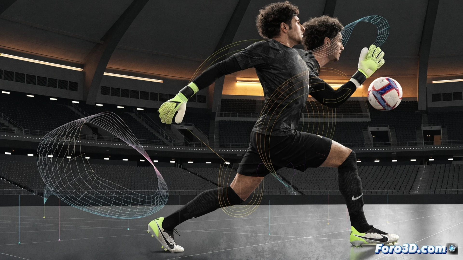 Realistic 3D analysis of Unai Simon diving to save a low shot, left leg extending fully, right hand stretching toward ball, motion capture lines tracing his footwork and reflex arc, goalkeeper gloves with sensor dots, green pitch and goal frame visible, holographic biomechanical overlay showing joint angles and reaction speed, cinematic sports science visualization, dynamic pose, dramatic stadium lighting, photorealistic technical illustration