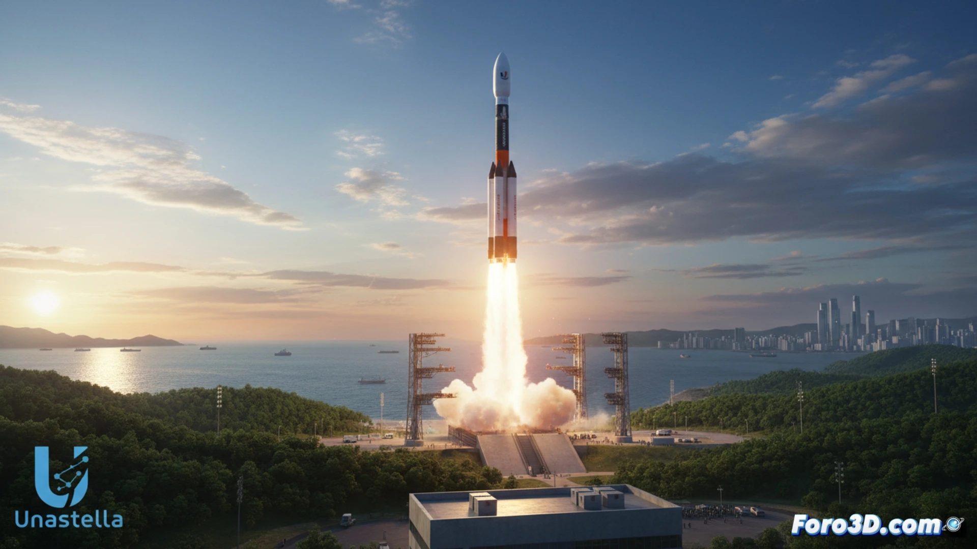 South Korean Unastella UNA EXPRESS-I suborbital rocket launching at dawn from coastal pad, rocket engine exhaust creating shock diamonds against pale blue sky, metallic fuselage reflecting orange sunrise, ground crew monitoring from concrete bunker with holographic telemetry displays showing altitude and velocity data, support gantry retracting, smoke and steam billowing across launch pad, realistic engineering visualization, cinematic wide-angle perspective, dramatic atmospheric lighting, ultra-detailed rocket nozzle and fin structures, photorealistic technical render