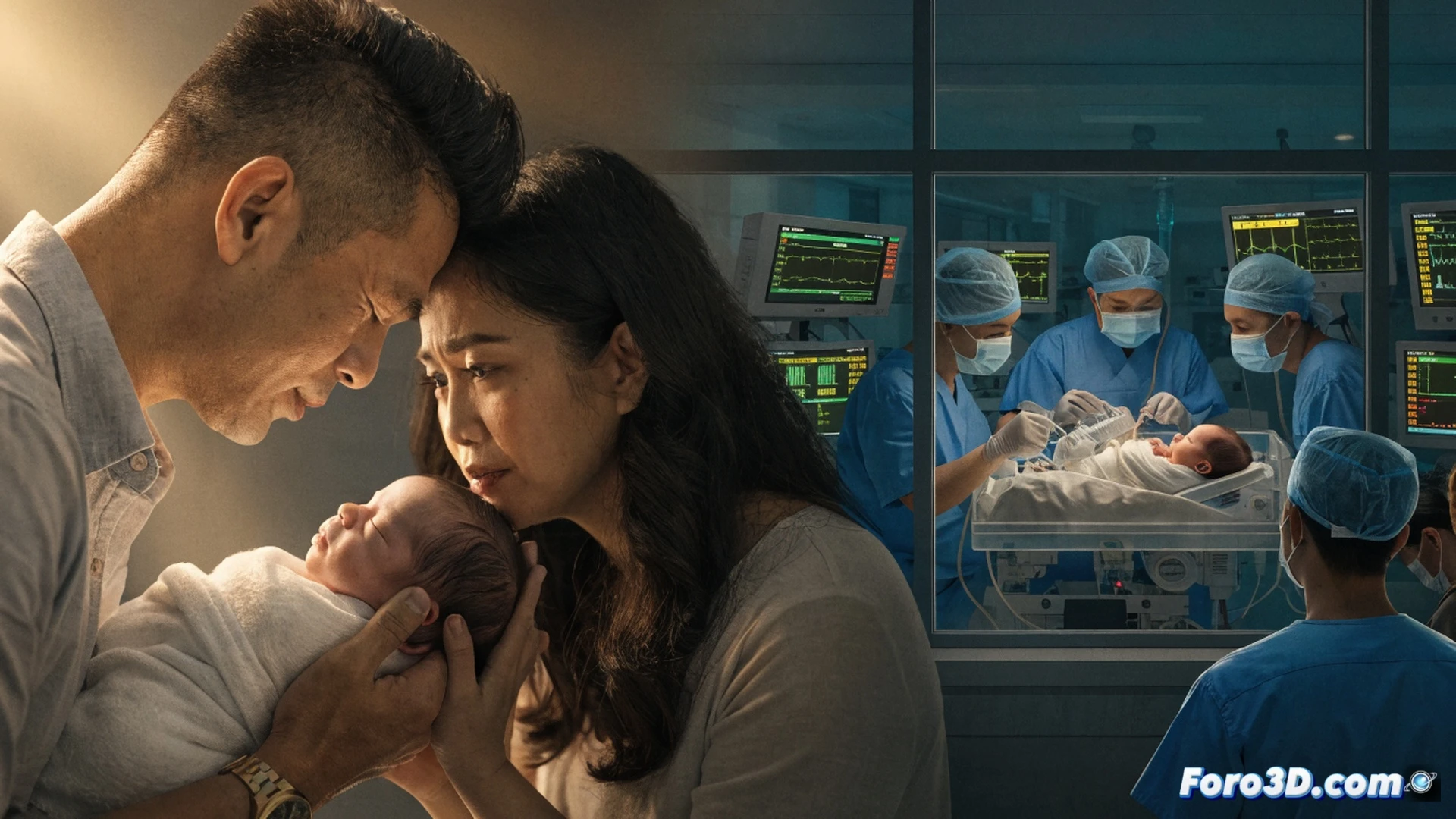 neonatal intensive care unit scene, medical team of nurses and doctors surrounding a transparent incubator, small baby inside connected to monitoring wires and a breathing tube, parents standing nearby holding hands, medical monitors displaying vital signs with glowing graphs, ventilator machine with digital readout, soft blue ambient hospital lighting, sterile environment with medical equipment in background, photorealistic cinematic style, warm emotional lighting highlighting parents' faces, ultra-detailed medical devices, gentle motion blur on medical staff adjusting equipment