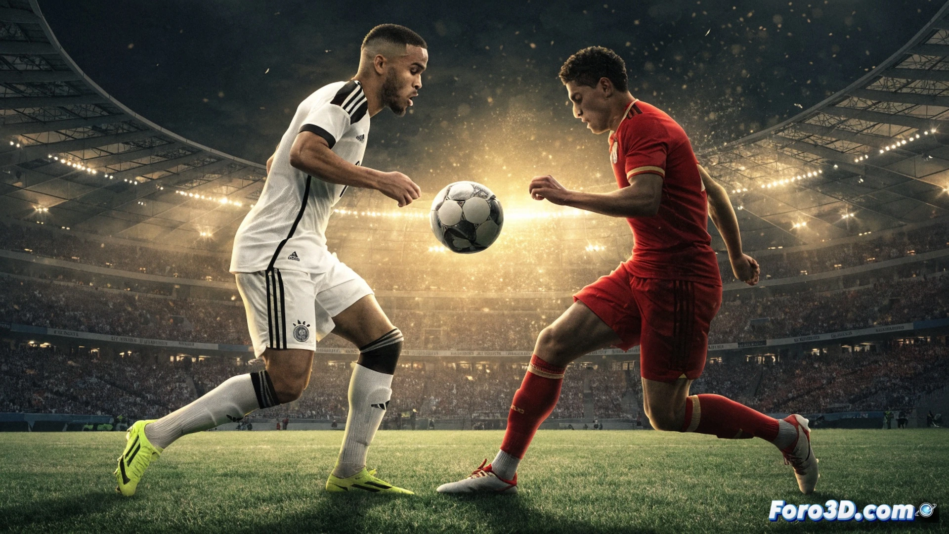 two football players in motion during a high-stakes match, one in white Germany kit making a sharp turn while the other in Paraguay red and white stripes charges forward, tactical formation diagram overlay with highlighted player positions showing Undav replacing Musiala and Almiron returning from suspension, stadium floodlights casting dramatic shadows on the pitch, soccer ball mid-air with spin trajectory lines, photorealistic cinematic style, dynamic action freeze-frame, crisp jersey textures, grass blades scattering, intense competitive atmosphere, technical sports visualization