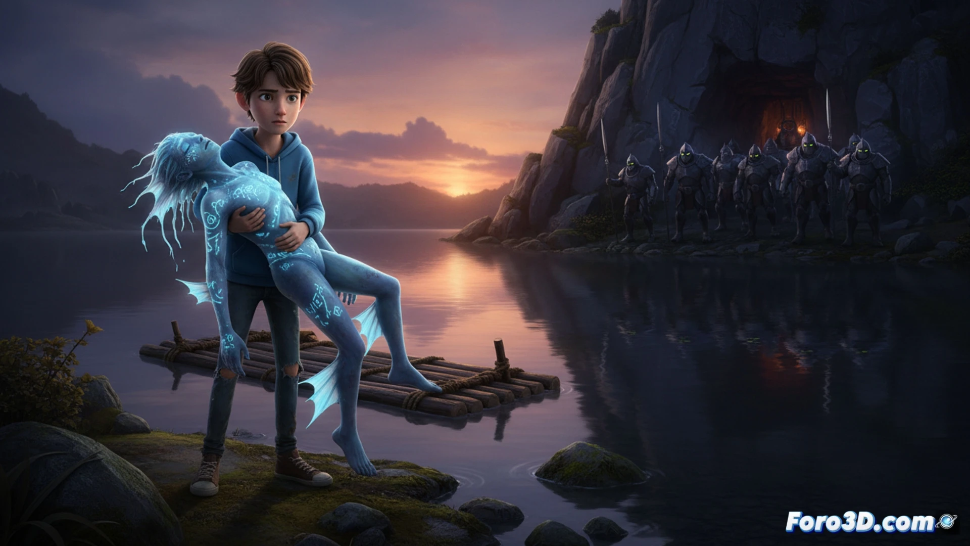 cinematic shot of a father and young son beside a dark lake at dusk, boy reaching toward an injured stranger half-submerged in water, tension visible in their body language, ripples spreading across the still surface while a flashlight beam cuts through the mist, photorealistic animation style, dramatic chiaroscuro lighting, wet rocks and pine needles in foreground, distant cabin lights reflecting on water, ultra-detailed textures on clothing and skin, silent emotional intensity, no visible text or numbers