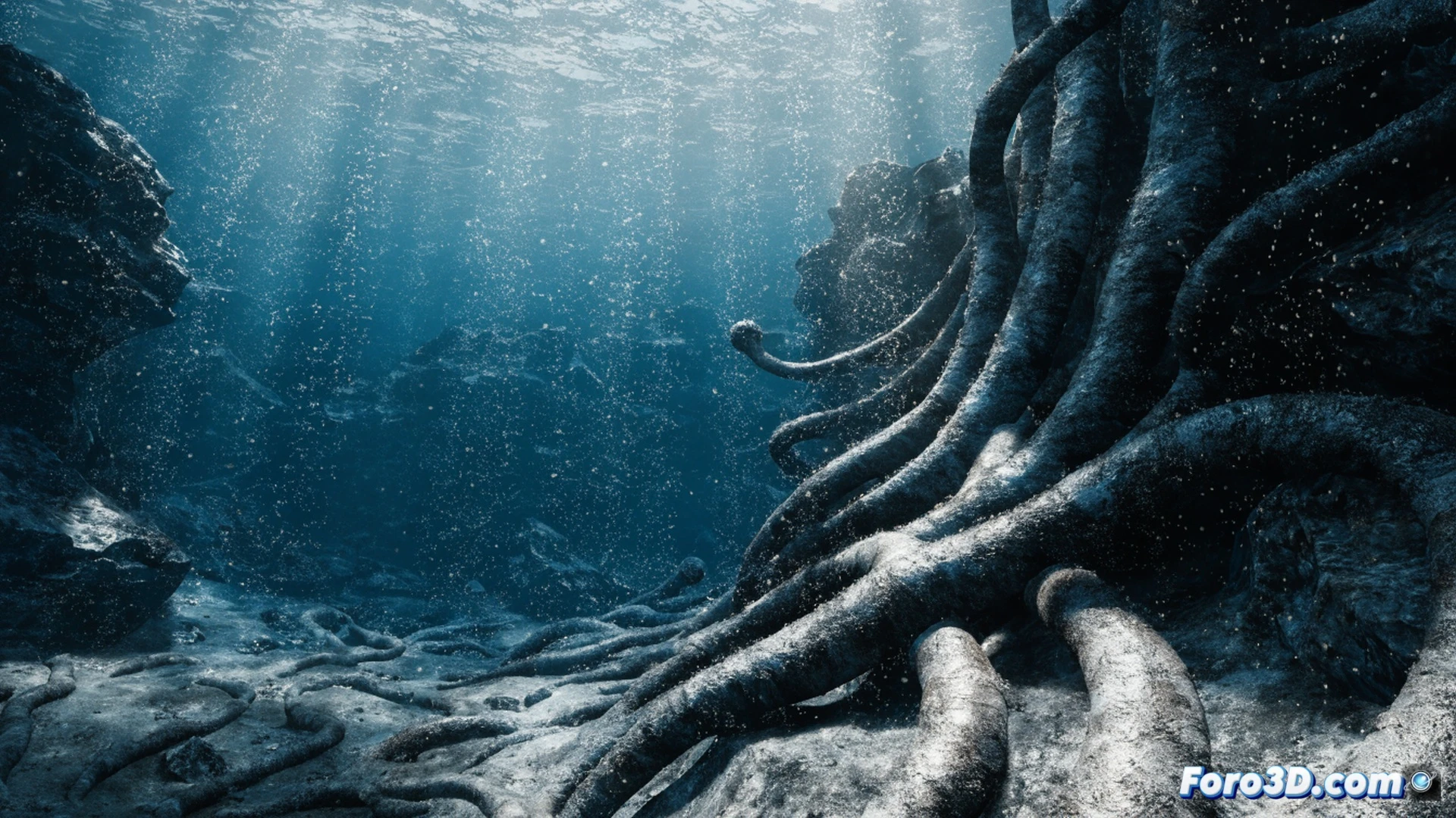 deep-sea diver in a heavily damaged pressure suit descending through a dense particle cloud, extreme water pressure visibly deforming the helmet visor and breathing hoses, floating bioluminescent plankton and sediment stirred by the diver’s slow descent, Unreal Engine 5 particle simulation with thousands of tiny bubbles and debris traces, cinematic photorealistic visualization, dramatic deep-ocean lighting with a single piercing beam from a headlamp cutting through murky blue-black water, hyper-detailed suit textures showing micro-cracks and stress lines, technical engineering illustration style emphasizing material fatigue under pressure