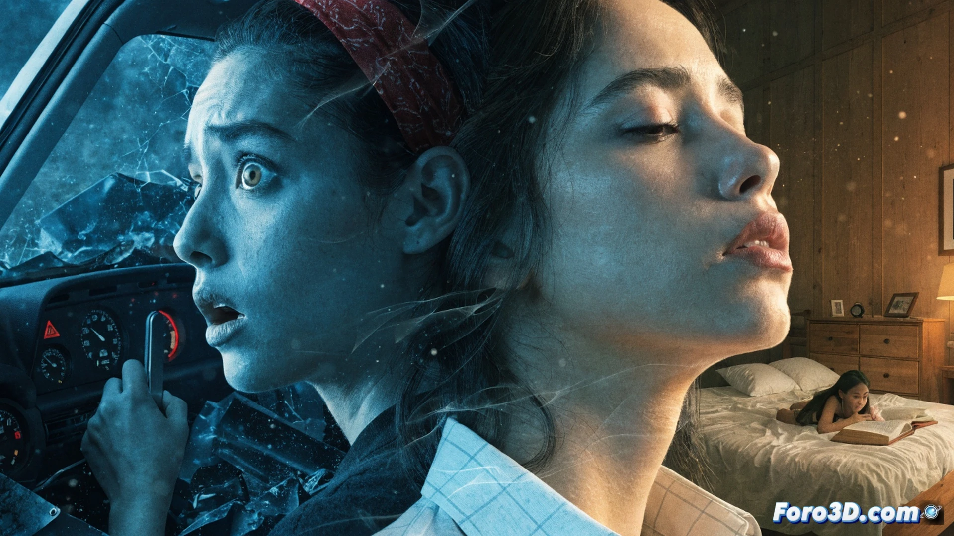 Woman floating in mid-air inside a dimly lit living room, hands reaching toward a glowing temporal ripple in the space, shattered clock fragments suspended around her, visible neural pathways lighting up along her temples and arms, a vintage cassette tape unspooling in slow motion beside her, cinematic surreal visualization, soft blue and amber light bleeding through the ripple, photorealistic dreamlike render, emotional tension in her expression, dust particles frozen mid-air, technical sci-fi aesthetic with psychological depth