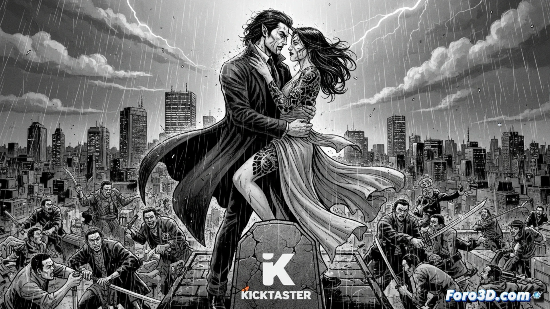 Vampire yakuza en combate nocturno, katana japonesa atravesando el pecho de un vampiro con alas desplegadas, sangre negra salpicando mientras hojas de sakura caen sobre un tejado de Tokio, estilo cinematic noir con alto contraste blanco y negro, textura de grano de película 35mm, luces de neón rotas parpadeando en el fondo, sombras alargadas proyectadas por farolas, acción congelada en el momento del impacto, tinta china digital con pinceladas visibles, composición dramática con claroscuro extremo, detalles de armadura yakuza y colmillos ensangrentados, photorealistic technical illustration