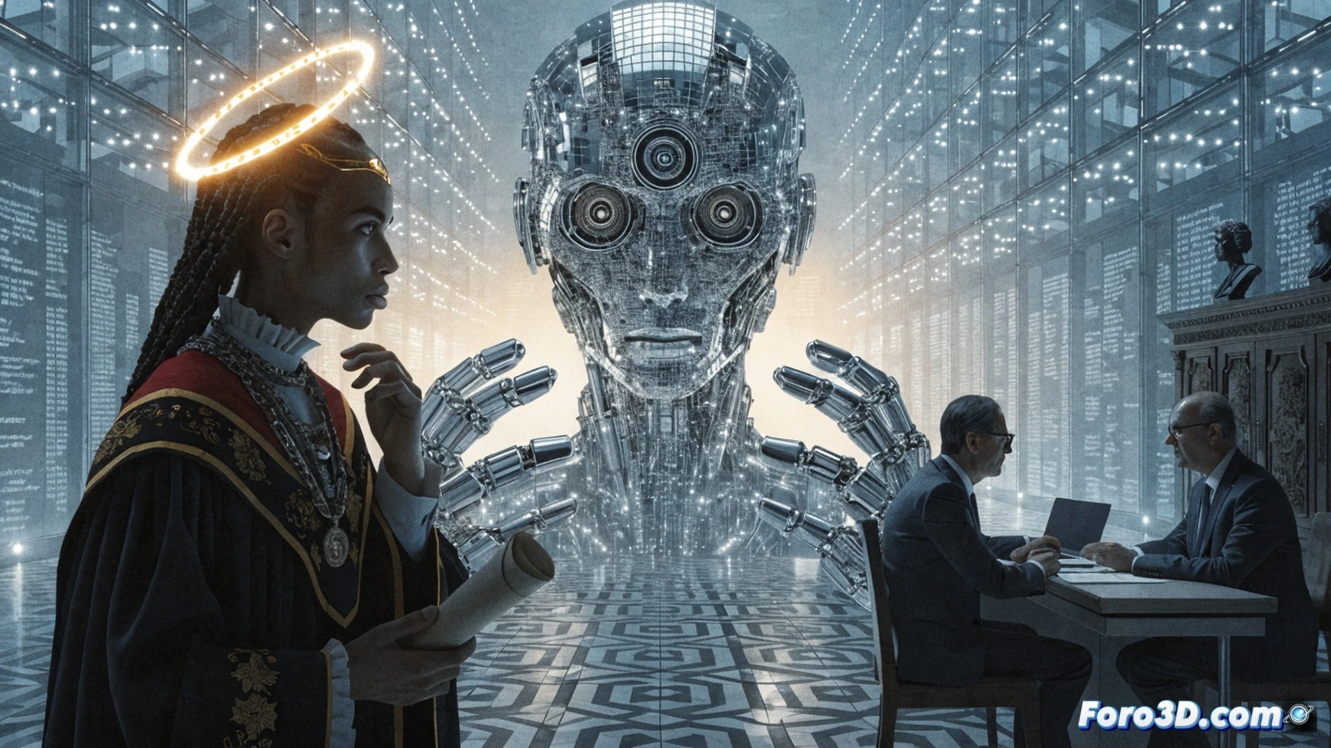 Photorealistic technical illustration of a university library scene, a student writing an academic paper on a laptop while a glowing holographic AI assistant displays floating text and formulas above the screen, a professor and a rector standing nearby pointing at a transparent digital document labeled with legal clauses and red warning markers, scattered books and a thesis manuscript on the desk, tension visible in body language, cinematic lighting with cool blue and warm amber tones, ultra-detailed academic environment, engineering visualization style, no text or numbers in the image, showing the conflict between AI assistance and academic regulation