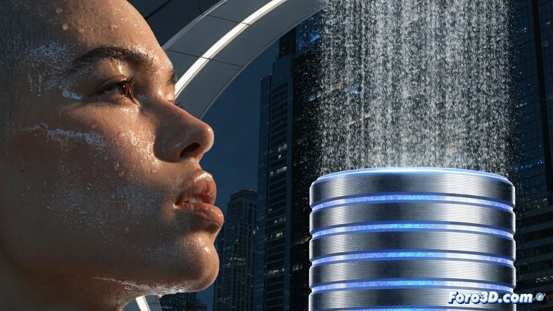 Three portable cooling devices in action on a sunlit urban balcony, a young woman wearing a high-tech neck fan with blue LED glow while holding a handheld misting fan spraying fine water droplets, a compact wearable air conditioner strapped to her waist with visible airflow vents, sweat droplets on her temple evaporating in slow motion, heat haze rising from concrete floor, digital temperature gauge showing 38°C, photorealistic engineering visualization, cinematic macro detail on cooling mechanisms, metallic and white plastic textures, dramatic summer sunlight, shallow depth of field focusing on mist particles and heat dissipation.