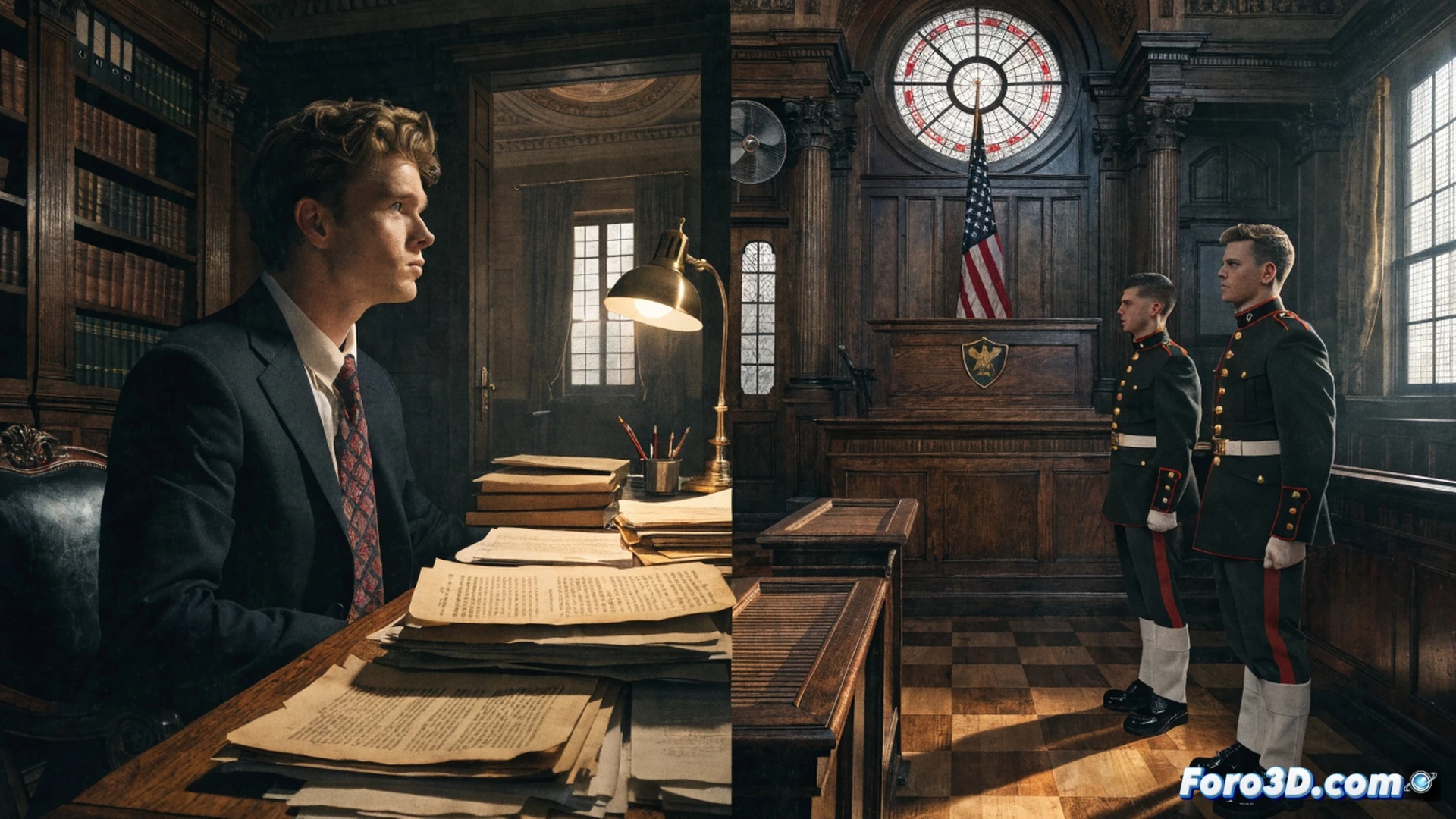 Broadway stage under warm theatrical lights, a military courtroom set with wooden benches and American flag backdrop, actor Tom Blyth as Daniel Kaffee standing at a defense table, holding a legal document while pointing toward a witness box, two marines in dress uniforms seated behind him, a judge’s bench elevated at center, dramatic shadows crossing the polished floor, photorealistic theatrical scene, intense facial expressions during cross-examination, detailed period costume including navy blazer and khaki pants, realistic stage lighting with spotlights and ambient glow, cinematic live theatre visualization