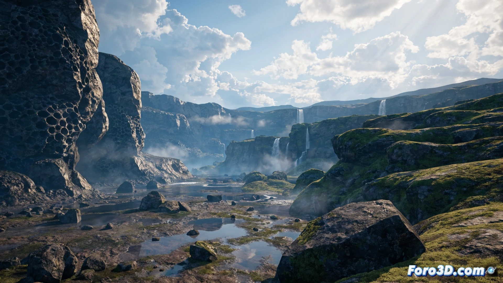 vast open-world landscape being sculpted in real-time, Unreal Engine 5.8 Nanite system actively streaming billions of polygon details, a developer adjusting terrain height with a stylus on a high-end tablet, character rig with live muscle simulation walking through dense forest, foliage reacting to wind and footsteps, cinematic photorealistic technical illustration, dynamic global illumination casting soft shadows, volumetric fog rolling between trees, wireframe overlay visible on one section showing instant LOD transitions, ultra-detailed rock textures, metallic blue sky with god rays, action demonstrating seamless performance optimization