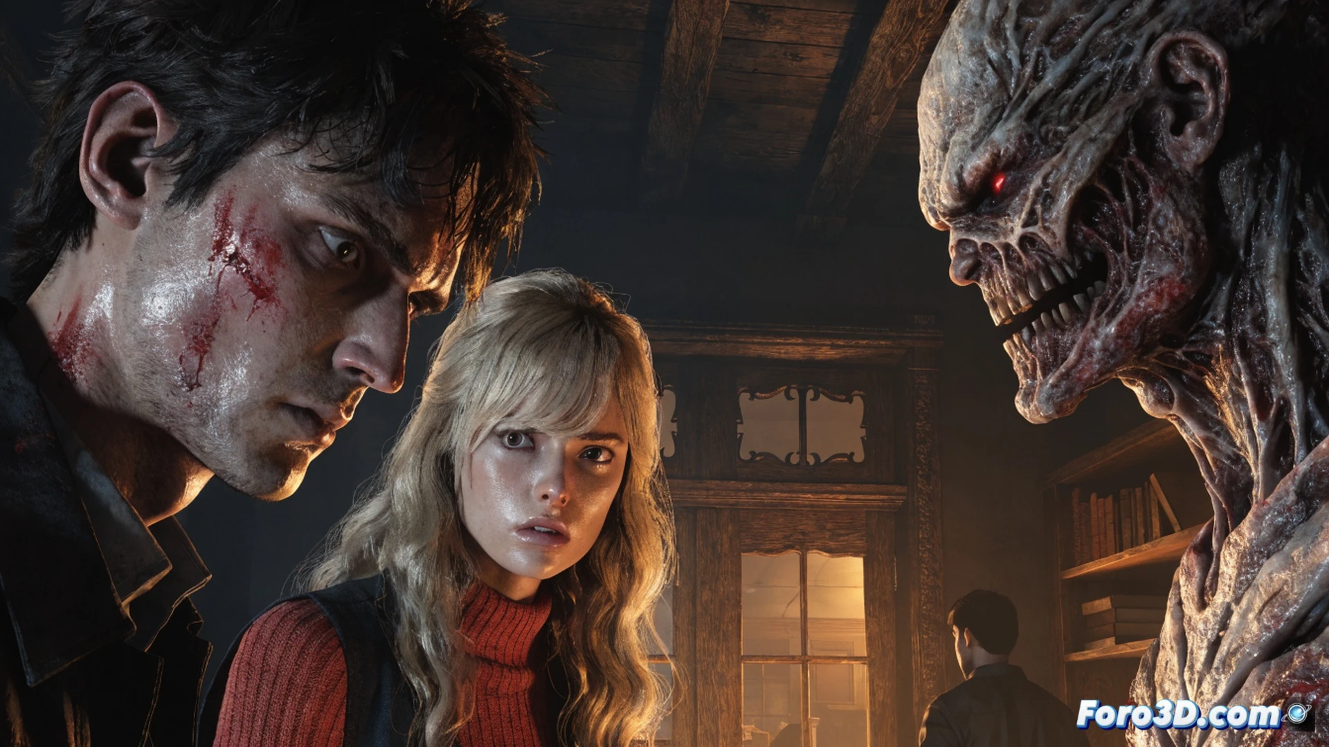 close-up of a character face expressing terror in a dark forest, skin pores visible, eyes wide with tears forming, micro-muscle twitches around the mouth, Unreal Engine 5 lumen lighting casting dynamic shadows across cheekbones, MetaHuman Creator facial rigging wires faintly glowing beneath the skin surface, cinematic horror visualization, hyperrealistic texture detail, subsurface scattering in skin, volumetric fog between trees, motion blur on a hand reaching toward the face, dramatic blue and amber rim lighting, photorealistic human emotion capture