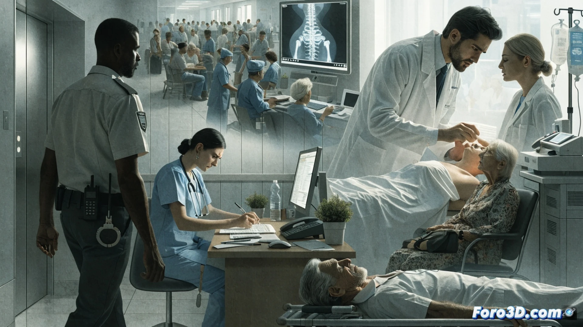 hospital emergency room collapse scene, overcrowded corridor with stretchers lining walls, medical staff in scrubs running between patients, cardiac monitor showing flatlining waveform, empty IV bags hanging from rails, broken triage computer screen flickering error codes, tangled ventilator tubes on floor, dust particles in harsh fluorescent light, cinematic photorealistic style, dark clinical atmosphere, exhausted nurse checking watch while patient clutches chest, abandoned wheelchair blocking doorway, dramatic shadows from ceiling lights, hyperdetailed medical equipment, chaotic workflow frozen in time
