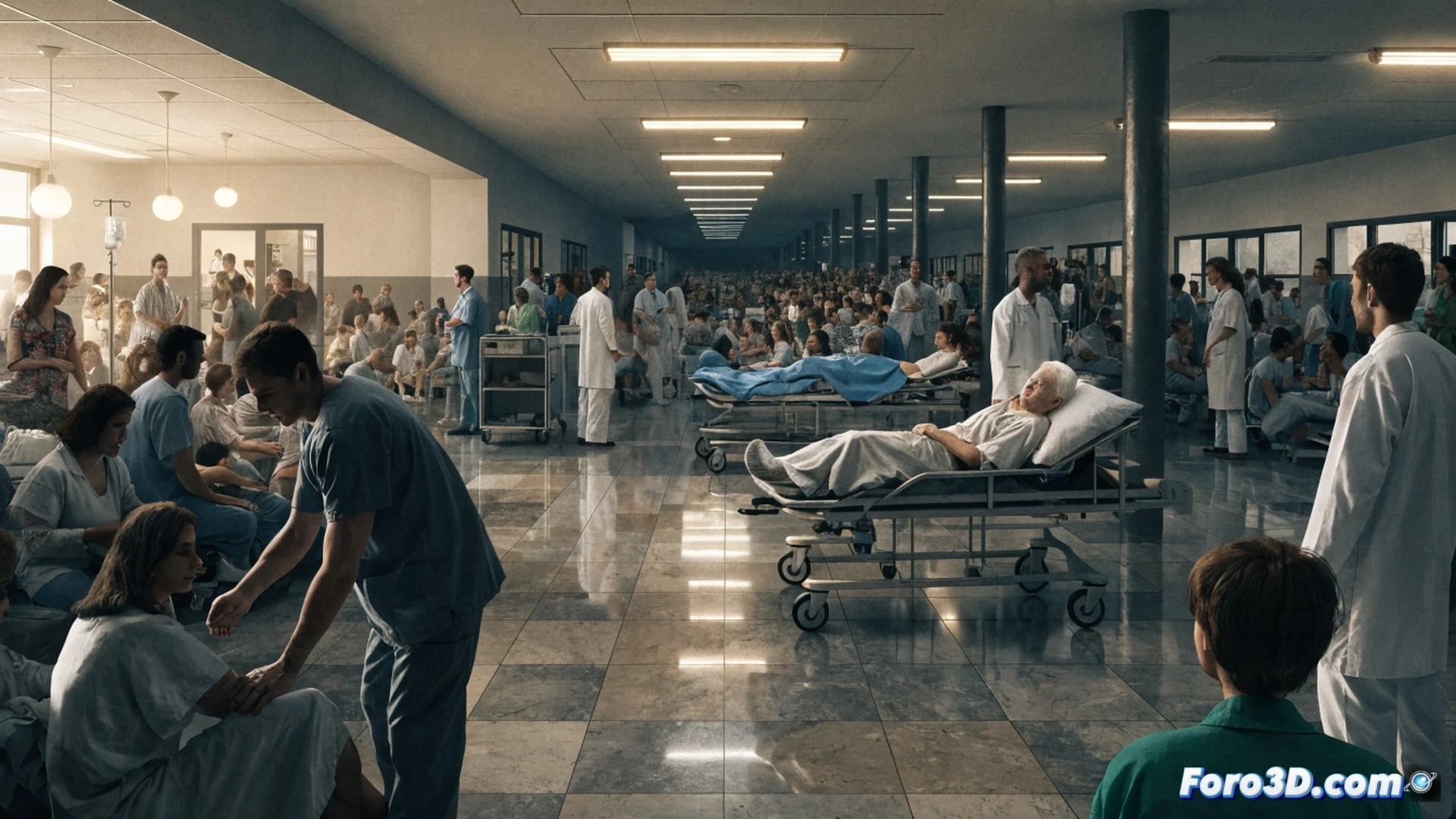Hospital emergency room corridor overcrowding scene, a dozen wheelchairs and stretchers lining narrow hallway walls, medical staff moving between cramped spaces, vital signs monitors on wheeled stands showing flatlined green traces, IV poles with empty bags, cluttered nursing station with overflowing paperwork bins and tangled cables, cinematic photorealistic style, harsh fluorescent ceiling lights casting cold shadows on exhausted patients in chairs, worn linoleum floor reflecting blue-white glare, chaotic medical equipment stacked against walls, sense of confined tension and system failure, ultra-detailed clinical environment