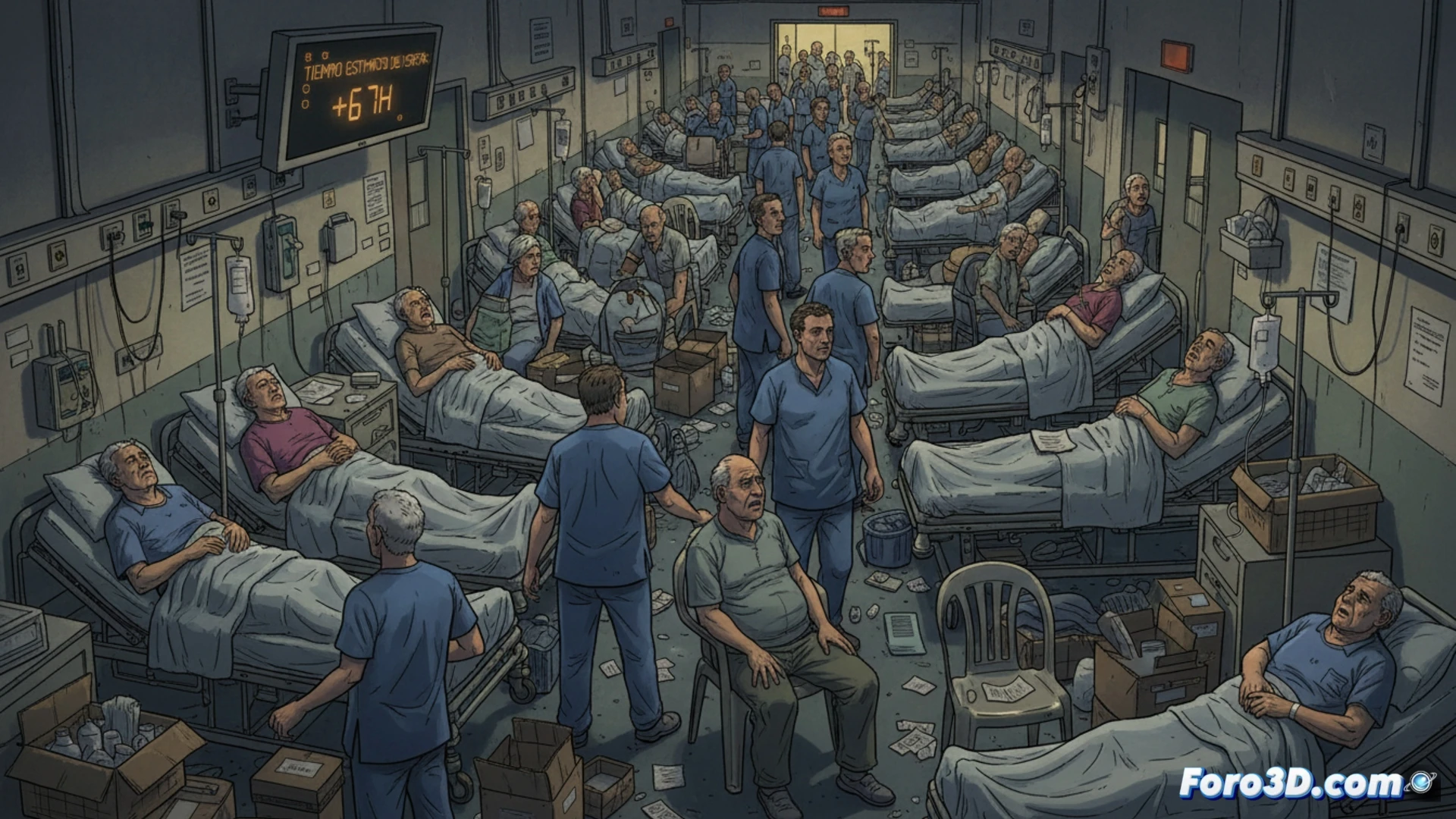 hospital emergency corridor overcrowding scene, elderly patient on a gurney in a narrow hallway, medical staff walking past with concerned expressions, cardiac monitor showing flatline trace on a portable screen, IV drip pole with empty saline bag, digital wall clock displaying 67 hours elapsed, closed ward door with red signage in background, warm summer light through distant window creating harsh shadows, photorealistic clinical lighting, sterile white walls contrasting with worn blue curtains, technical medical illustration style, cinematic depth of field, sharp focus on patient face and monitor, documentary realism