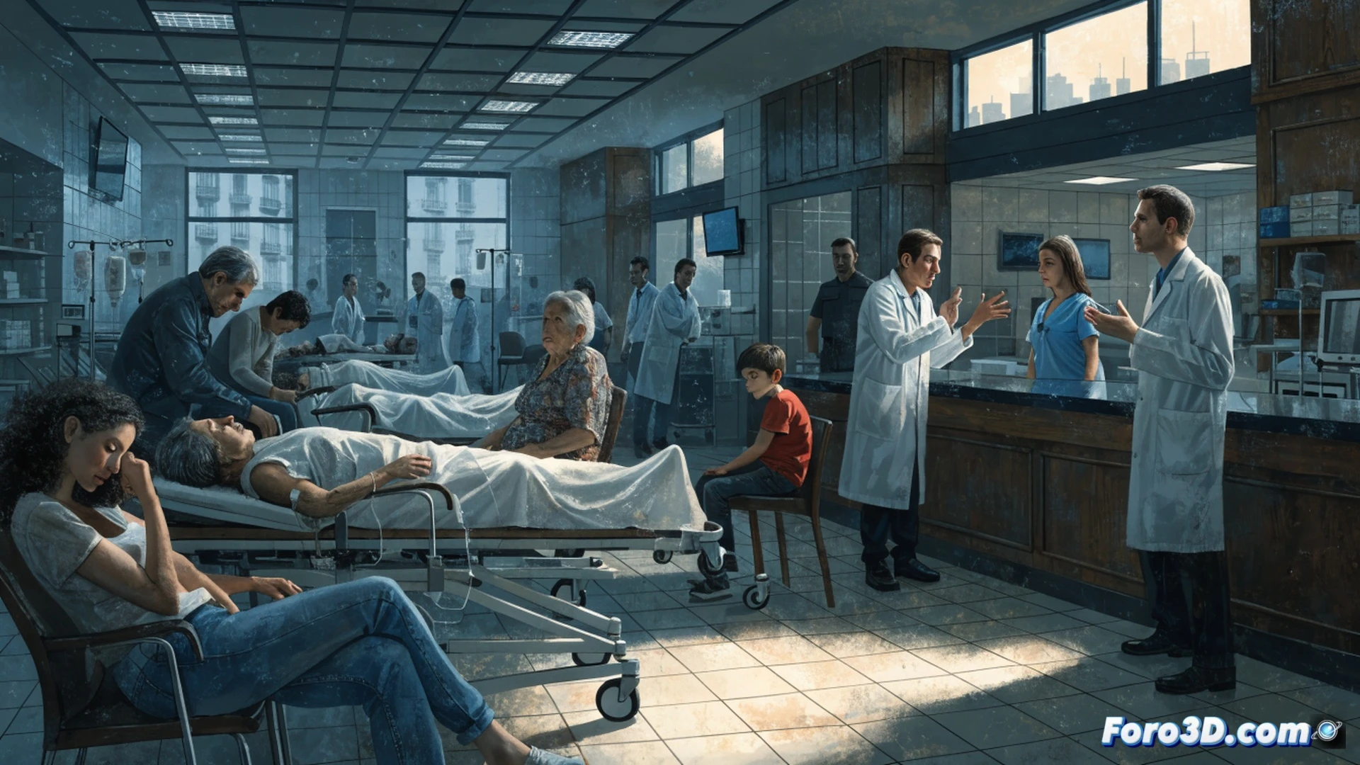 Hospital emergency room in Seville, overcrowded hallway showing patients on stretchers lining the walls, medical staff rushing between curtained cubicles, heart monitor screens displaying vital signs, IV drip stands and oxygen tanks in use, doctors checking tablets while nurses prepare medication trays, dramatic fluorescent overhead lighting, exhausted expressions, chaotic yet clinical atmosphere, photorealistic documentary style, deep shadows, sterile white walls, stainless steel equipment, urgent motion blur on moving staff, cold blue-white color palette, cinematic medical realism