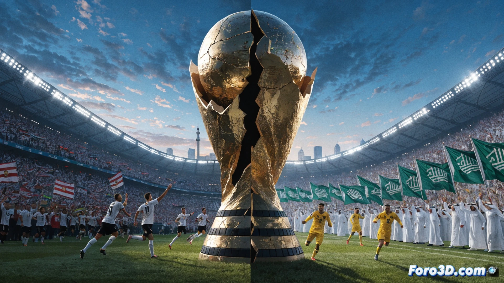 two football players mid-action in a stadium during a World Cup match, one in white jersey lunging to intercept, the other in sky blue jersey striking the ball with right foot, ball mid-flight with visible spin and grass particles kicked up, stadium floodlights casting dramatic shadows, scoreboard in background showing 1-1 without numbers, cinematic sports photography style, photorealistic render, high-contrast lighting, dynamic motion blur on players' legs, detailed grass texture, netting in goal visible behind, ultra-wide angle lens effect, dramatic sky with clouds at sunset