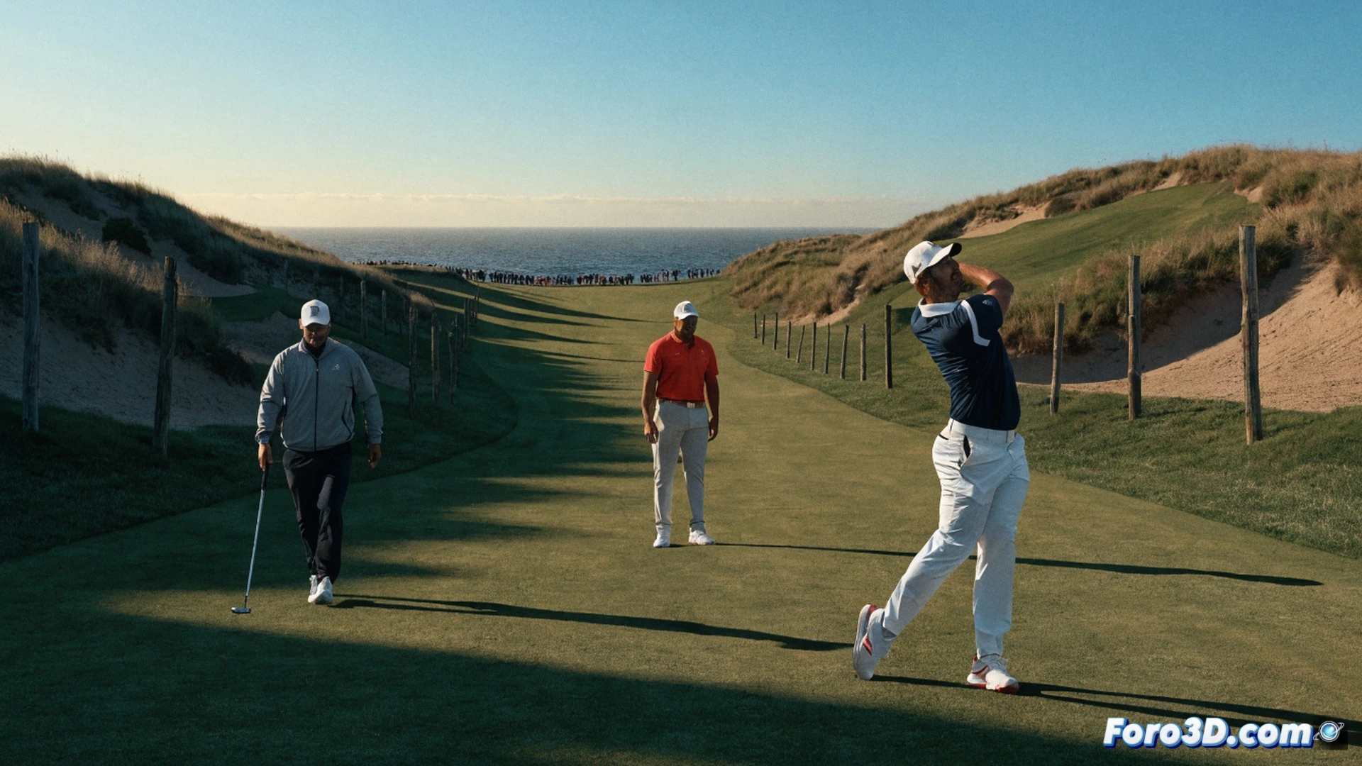 Shinnecock Hills golf course at sunrise, Jon Rahm executing a powerful drive from a deep bunker, sand exploding upward in a golden spray, Angel Hidalgo and Joel Repetto walking together in the rough analyzing a lie with a rangefinder, wind bending tall fescue grass, grandstand full of spectators, economic activity shown by distant hospitality tents and merchandise trucks, cinematic sports photography style, dramatic low-angle shot, photorealistic texture on grass and sand, sharp focus on club head impact, motion blur on ball trajectory, warm amber lighting contrasting with cool blue sky, ultra-detailed course topography