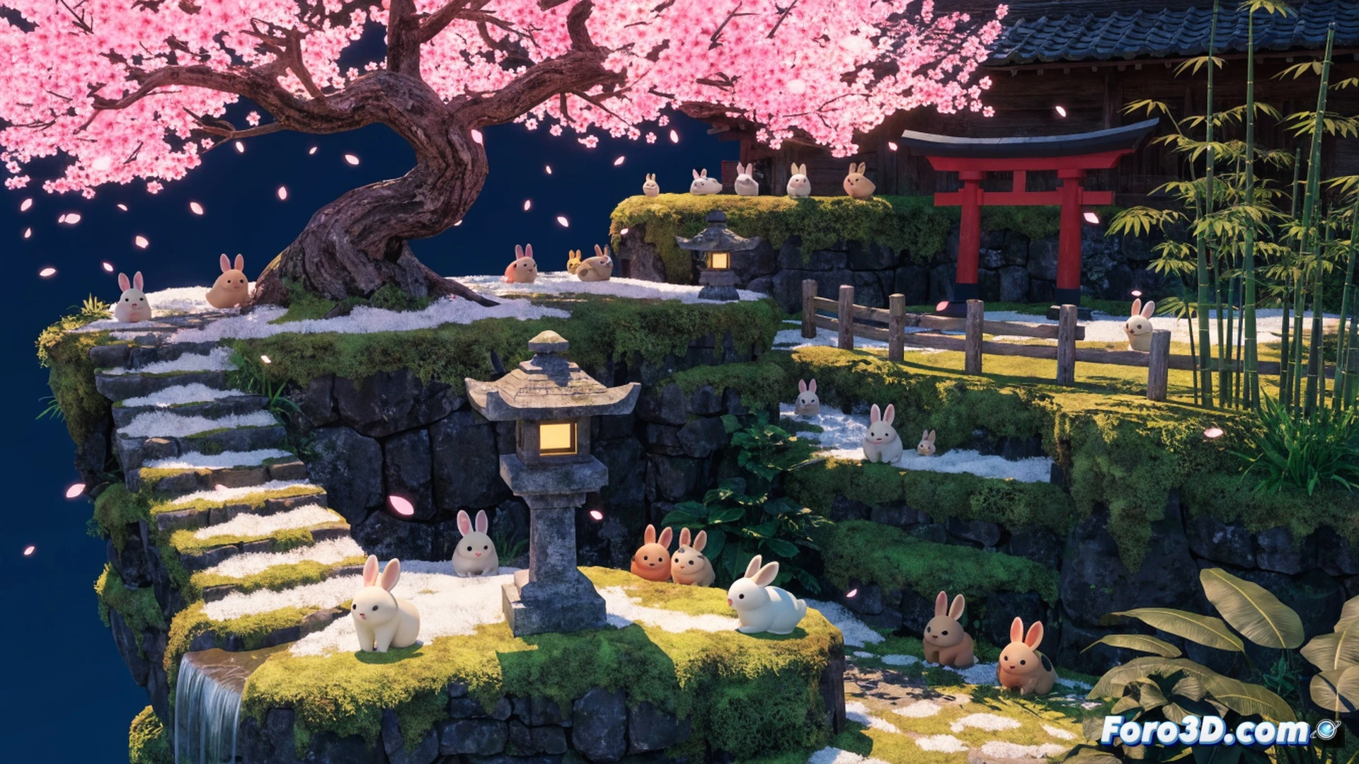 isometric island scene with a Godot engine editor interface partially visible on a tablet, cherry blossom petals floating around a digital rabbit character with smooth 2.5D animation, particle system nodes and animation curves shown as semi-transparent overlays, traditional Japanese ink brush aesthetic blending with technical wireframe grids, soft pink lighting, cinematic technical illustration, stylized low-poly trees and wooden structures, glowing petal trails demonstrating particle flow, digital stylus hovering over a sprite sheet on a drawing tablet, warm sunset sky, ultra-detailed foliage with subtle motion blur, clean engineering visualization