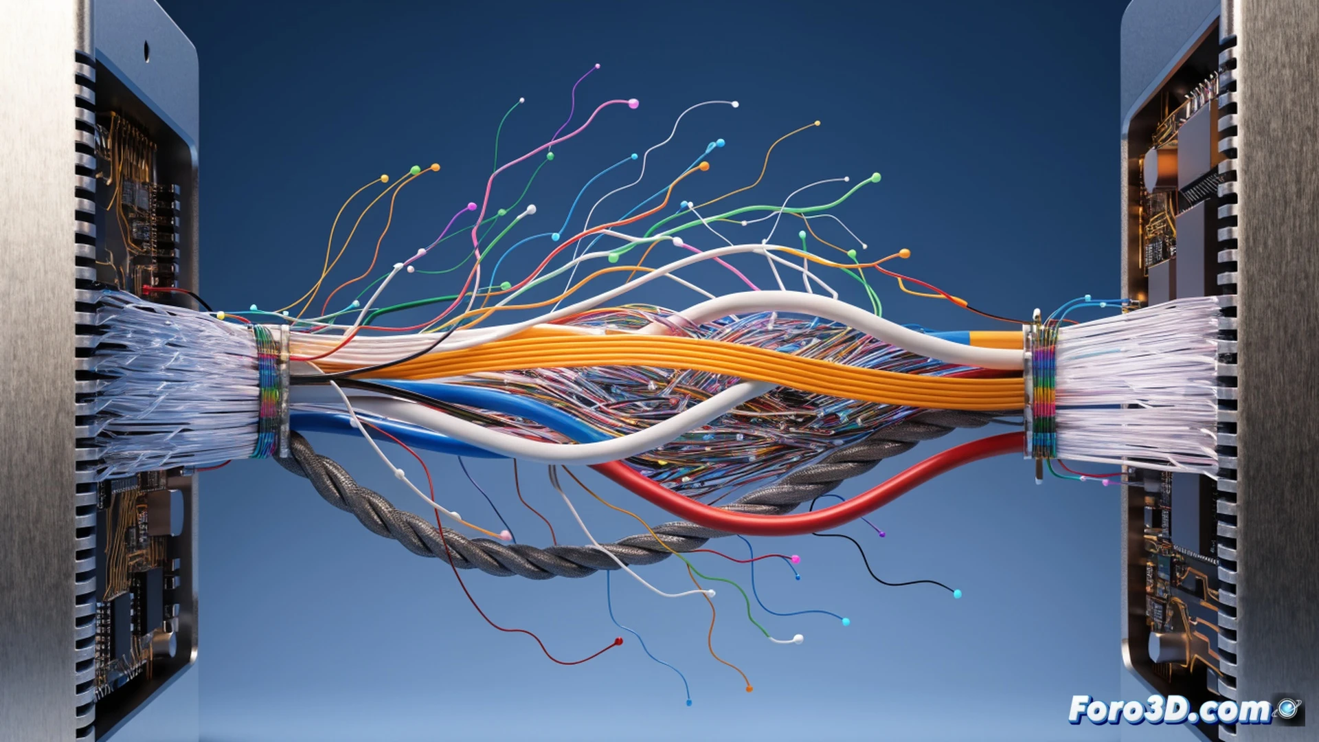 two laptops connected by USB4 cable, high-speed data transfer visualized as glowing blue energy streams between screens, file icons and webcam feed moving through the cable, low-latency process shown by lightning bolt symbols near cable ends, technical illustration style, clean white background, metallic laptop casings with open lids, cable port details visible, data flow lines with arrow directions, cinematic lighting with blue and cyan highlights, photorealistic hardware render, sharp focus on cable connection and data streams