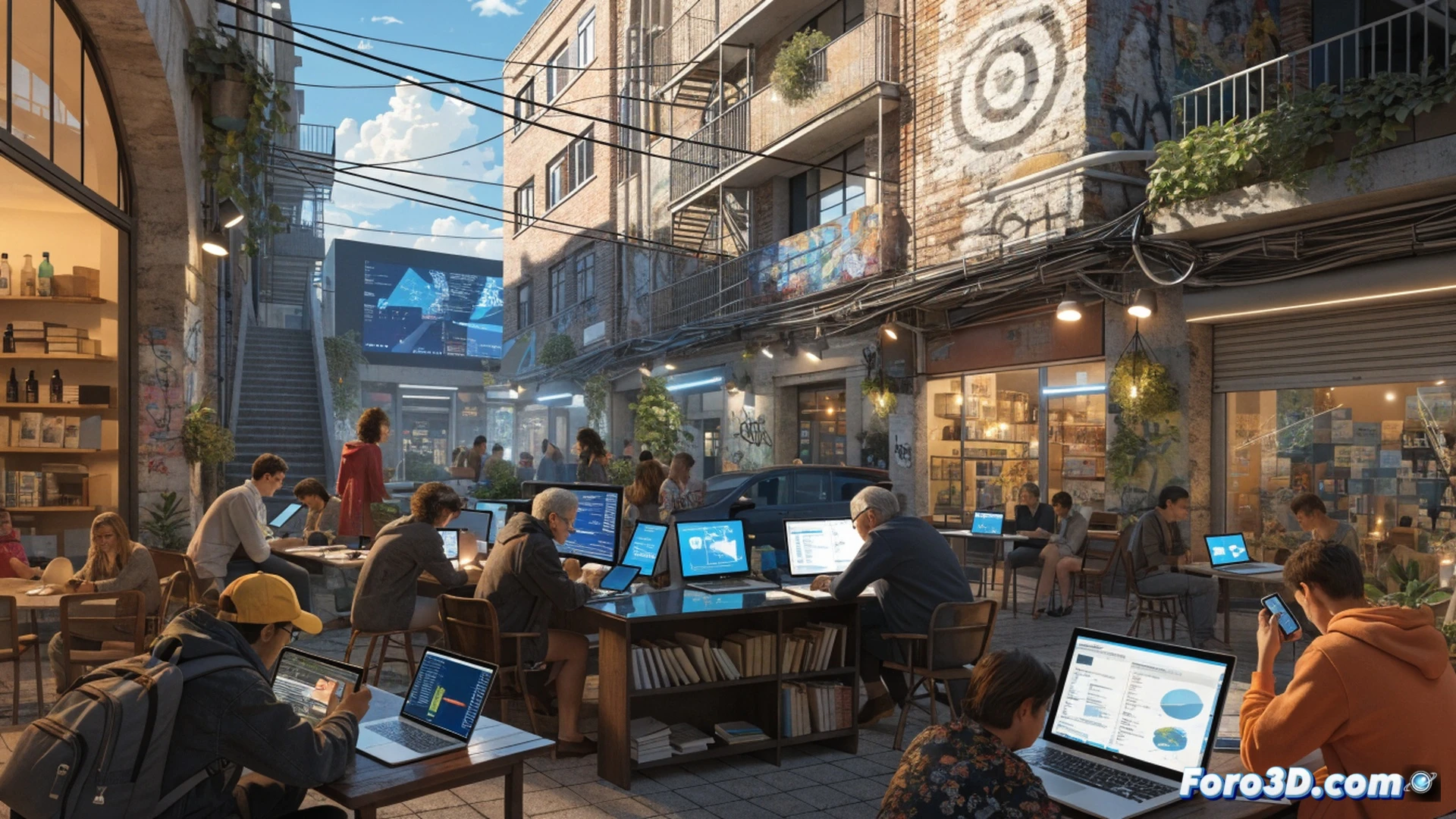 Multicultural street market scene in Madrid, a young professional using a tablet to scan a QR code on a food stall, while a small drone hovers nearby filming the transaction, digital learning interface floating in augmented reality above the tablet, technical engineering visualization style, photorealistic with cinematic lighting, soft golden hour sunlight filtering through market awnings, people in background engaged in informal trade and conversation, motion blur on passing shoppers, hyperdetailed textures on cobblestone and metal structures, realistic shadows and reflections