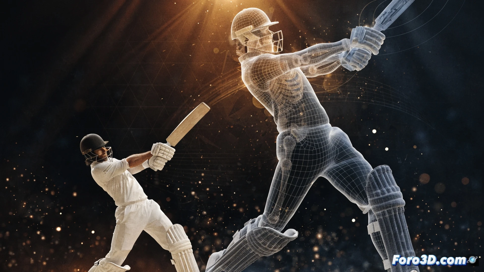 cricket batter Usman Khan in mid-strike pose, volumetric 3D skeleton wireframe overlay highlighting torso rotation angle and bat arc, motion capture markers on shoulders and hips, semi-transparent blue grid showing trajectory path, photorealistic sports science visualization, stadium floodlights casting sharp shadows on pitch, bat impact zone glowing with heat map colors, high-speed action frozen in time, technical illustration style with precise angular measurements, dark background with neon data lines, hyper-detailed muscle tension visible under jersey