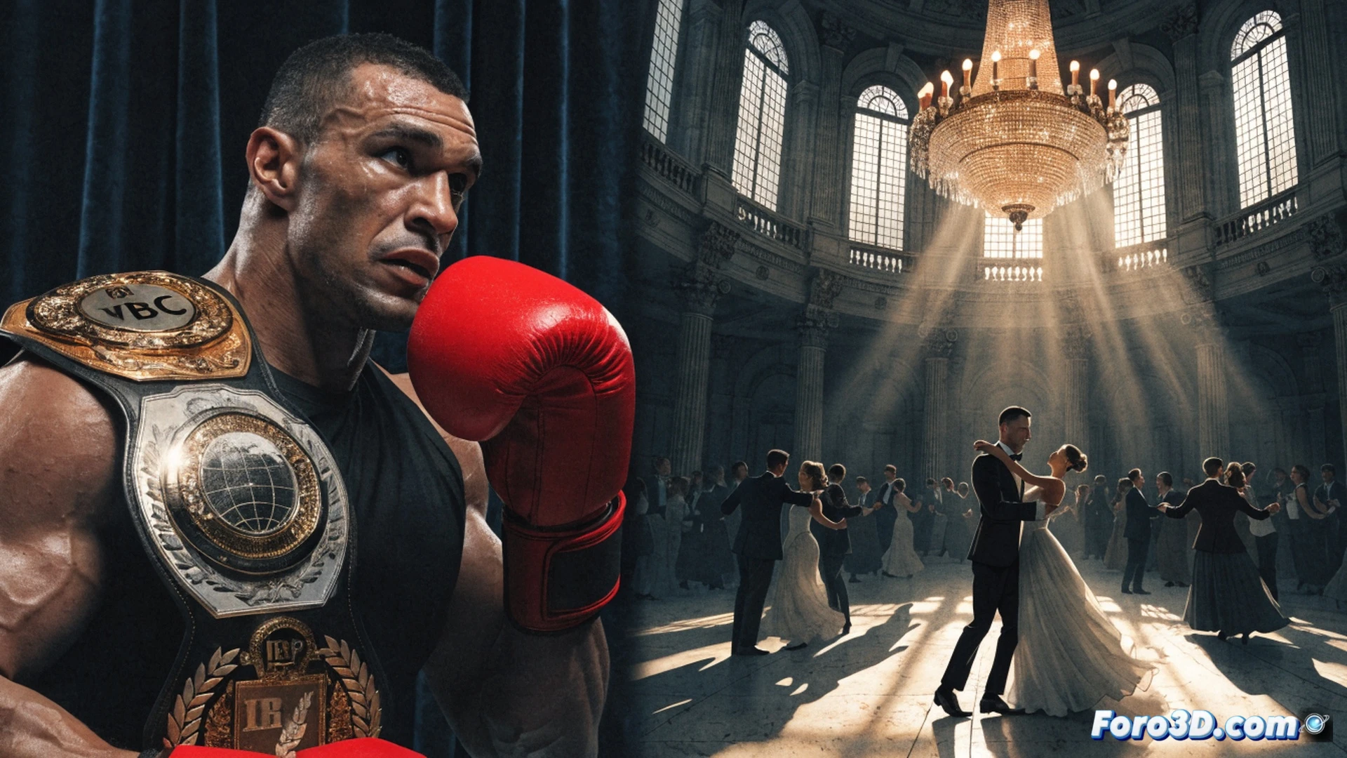 Oleksandr Usyk en el centro de un ring vacío, quitándose los guantes y dejando caer tres cinturones de campeonato sobre la lona, mientras una luz cenital ilumina su silueta sudorosa, fondo oscuro con humo tenue, cámara lenta capturando el momento del abandono, estilo cinematográfico épico, textura de cuero desgastado en los guantes, reflejos metálicos en los cinturones, sombras dramáticas, photorealistic sports photography, alto contraste, grano de película, atmósfera de despedida solemne