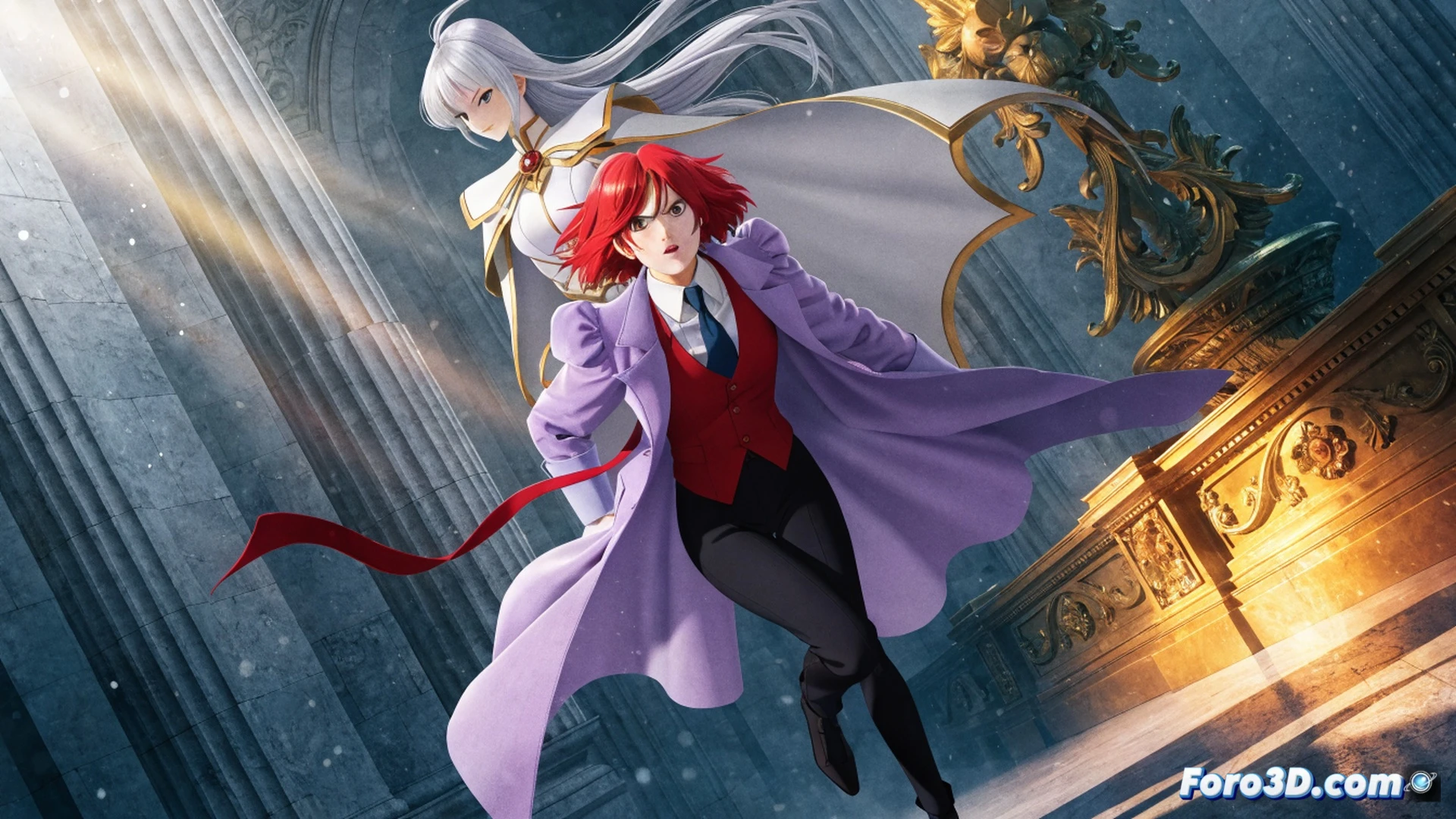 cinematic scene of Utena and Anthy standing on a glowing spiral staircase, cracks of light breaking through dark stone walls, a mechanical gear system rotating behind them, fragments of shattered glass floating upward while chains dissolve into golden particles, dramatic side lighting, deep shadows, anime-inspired technical illustration, high contrast, cel-shaded textures, glowing energy arcs between their hands, motion blur on falling debris, photorealistic render with hand-drawn aesthetic, emotional intensity, symbolic liberation