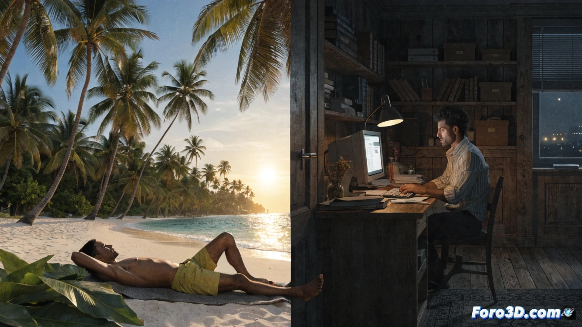worker in vacation clothes, sitting on a beach chair with a laptop open, screen showing a video call interface, another person in a suit visible on the screen, smartphone with calendar notifications in hand, coffee cup next to keyboard, beach umbrella casting shadow, palm trees in background, ocean waves, contrast between leisure environment and work tools, photorealistic cinematic lighting, shallow depth of field, sun flare on laptop screen, sand texture visible, frustrated expression on worker face, professional gear like wireless earbuds and portable charger visible, contradiction between relaxation setting and active work, ultra-detailed skin texture and fabric folds, warm golden hour light, high contrast shadows, technical product photography style