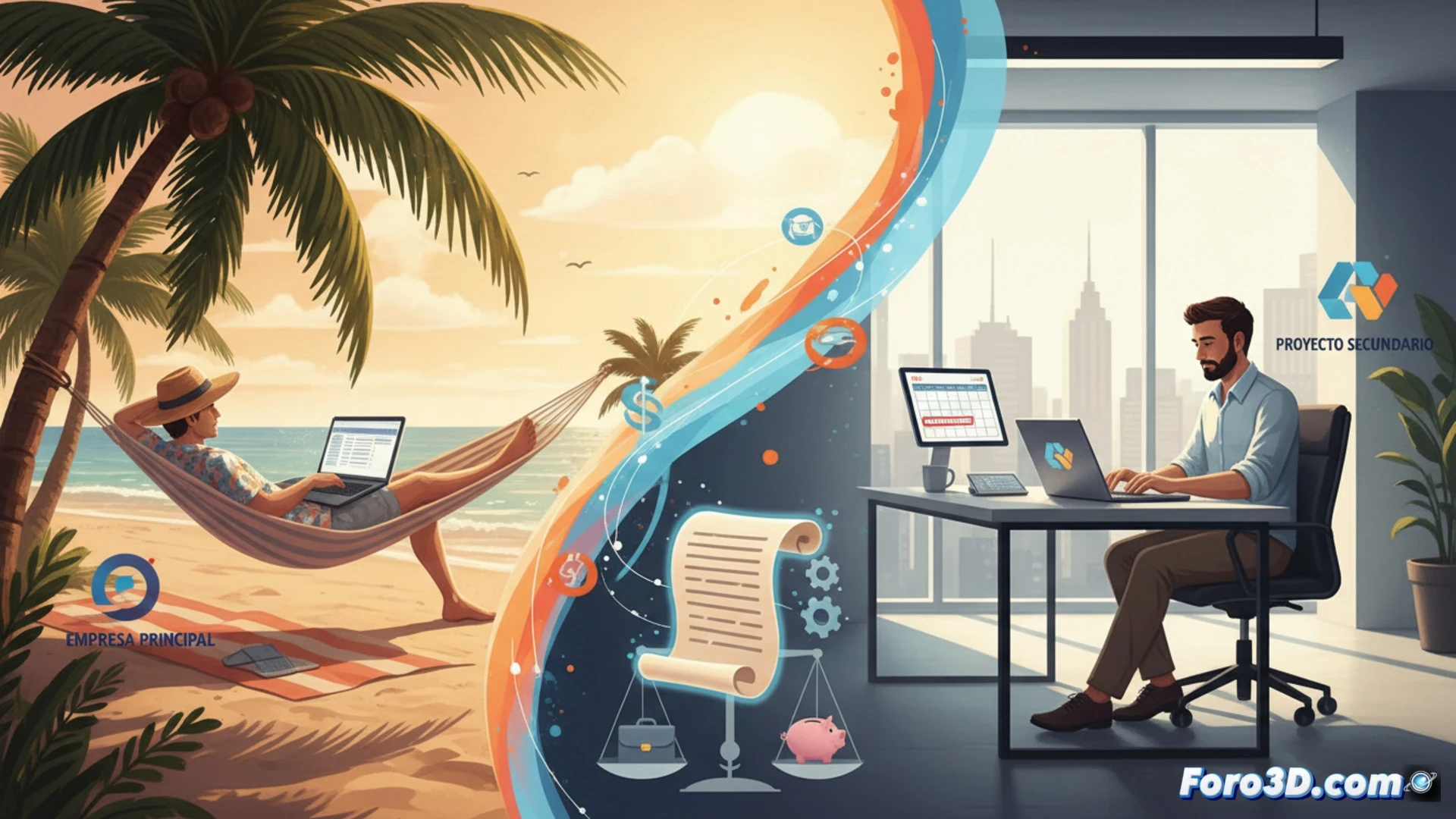 photorealistic technical illustration of a worker using a laptop on a beach umbrella table, digital invoice software open on screen showing freelance earnings, smartphone with calendar app showing overlapping work schedules, legal document with Spanish labor law clauses visible as holographic overlay, worker wearing both corporate ID badge and casual vacation clothes, beach chair with laptop bag and portable printer, cinematic lighting with golden hour sun, ultra-detailed textures on sand and fabric, engineering visualization of digital workflow process, demonstrating dual employment legality during statutory leave
