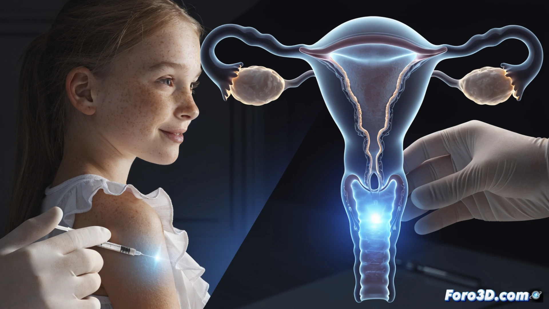 young women in medical lab coats observing a glowing holographic 3D model of a cervix with a virus particle breaking apart, HPV vaccine vial on a sterile metal table, digital health dashboard showing declining mortality rates, soft blue and teal clinical lighting, cinematic photorealistic medical visualization, sterile high-tech hospital environment, precise anatomical details, glowing data streams, ultra-realistic textures, dramatic depth of field