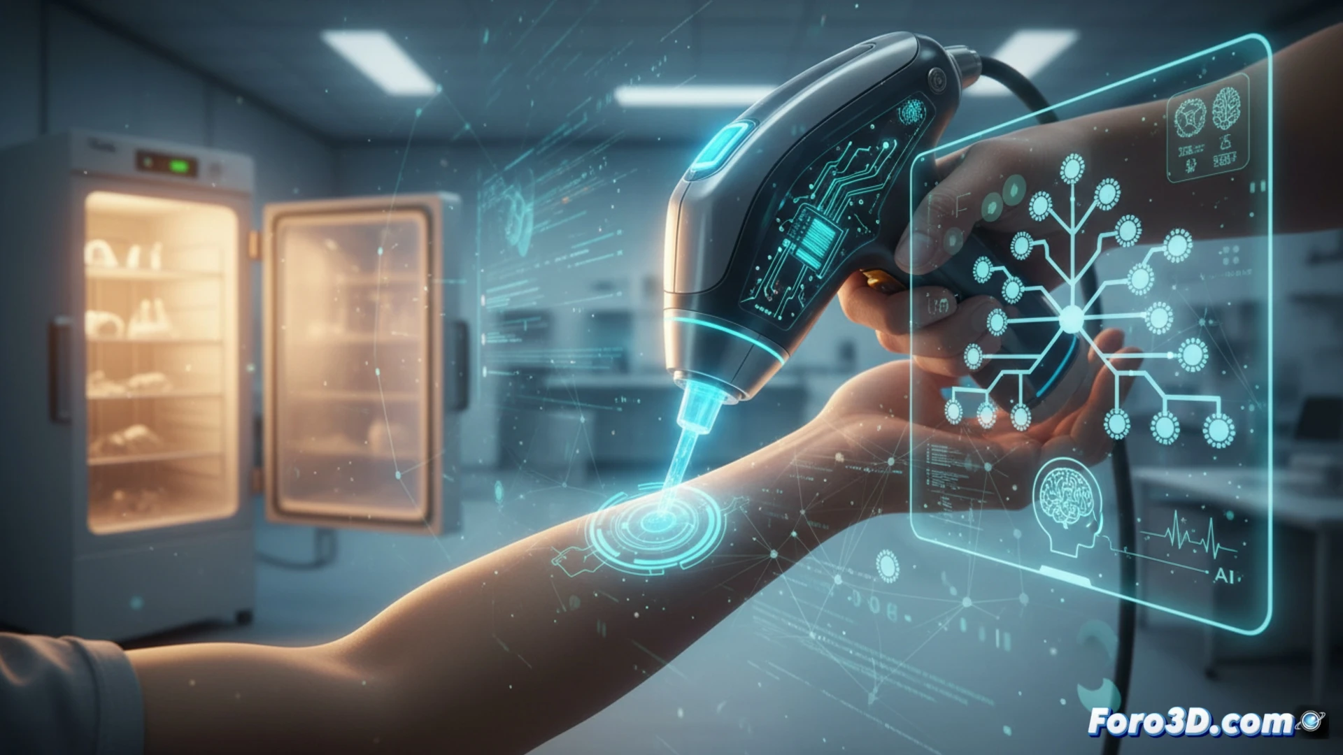 photorealistic technical illustration of a handheld nozzle device emitting a high-pressure liquid jet stream into human forearm skin surface, microscopic virus particles of different shapes breaking apart nearby, glowing AI neural network wireframe overlay hovering above the device showing real-time mutation analysis, no text or numbers visible, cinematic lighting with cool blue and warm orange contrast, ultra-detailed skin texture and liquid droplet splash dynamics, engineering visualization style, dramatic action scene demonstrating needle-free vaccine delivery and broad-spectrum viral protection