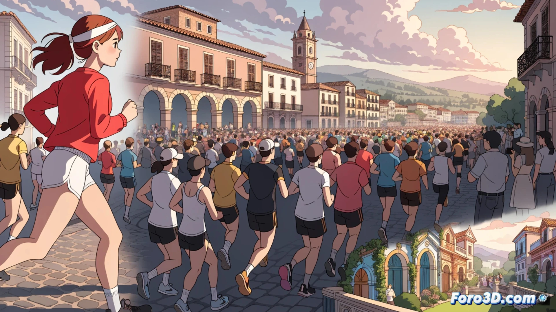 Multitud de 3000 corredores llenando una calle urbana al amanecer, zapatillas deportivas golpeando el asfalto húmedo durante el avance masivo, dorsales numerados ondeando con el movimiento, arco de salida metálico con sensores de cronometraje y luces LED, edificios históricos al fondo con toldos de comercios locales abiertos, nubes de respiración visible en el aire frío, cámara a nivel del suelo capturando piernas en acción con desenfoque de movimiento, estilo cinematográfico fotorrealista, iluminación natural dorada del sol bajo, alta definición técnica de texturas de ropa y asfalto.