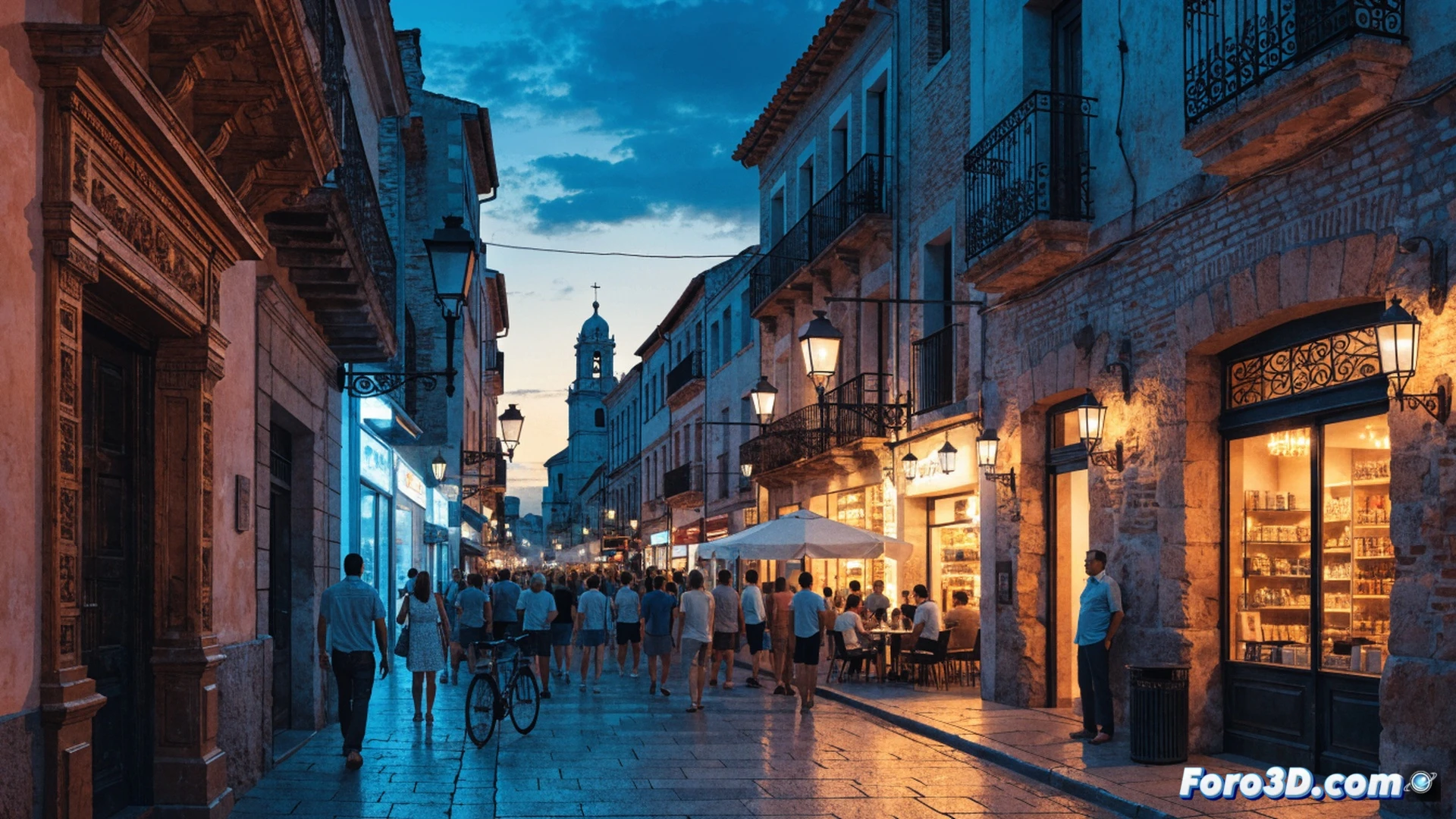 colorful storefronts along a cobblestone street in Valdepeñas at night, families and friends walking between illuminated shops and bars, a couple looking at a window display with discount signs, a bartender handing out tapas to a group, glowing string lights overhead, people holding shopping bags and drinks, warm amber and cool blue lighting, lively atmosphere, photorealistic architectural render, cinematic night scene, sharp details on stone textures and glass reflections, dynamic crowd movement, festive urban nightlife