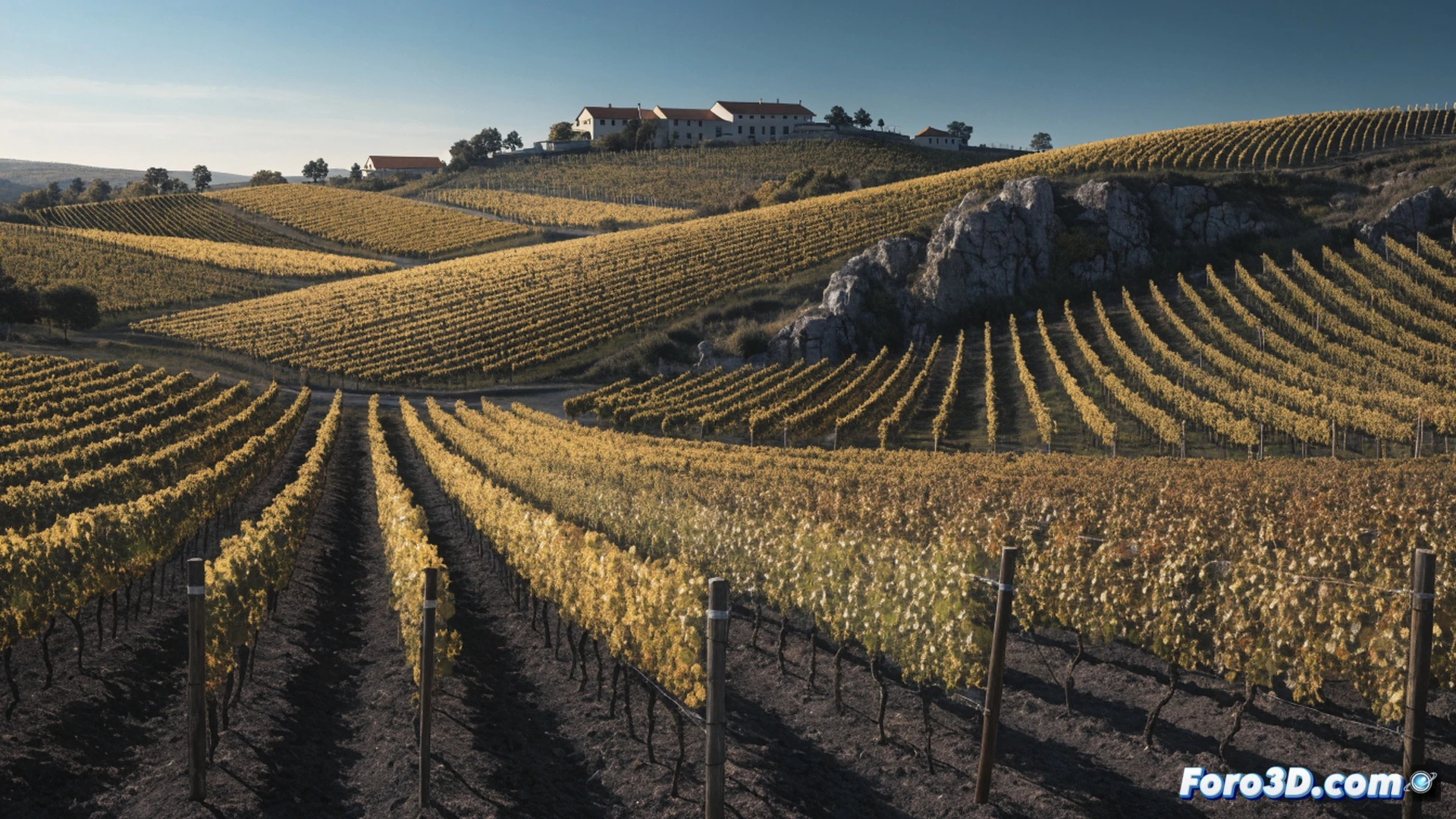 aerial view of a Castilla-La Mancha vineyard at dawn, a viticulturist holding a digital tablet showing a registration map while standing next to a GPS-enabled tractor, rows of Tempranillo vines with wooden stakes, a soil moisture sensor visible in the foreground, sunlight casting long shadows, photorealistic agricultural documentation style, clear action of data collection for harvest control, technical equipment integrated into the landscape
