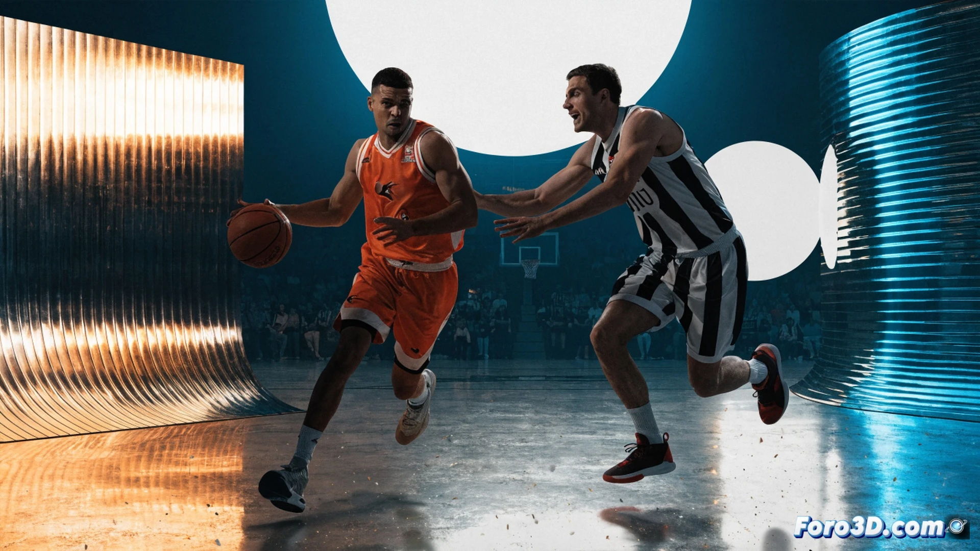 Valencia Basket player Jean Montero driving to the basket during a fast break, ball mid-air leaving his hand, Joventut defender sliding feet to block but a step behind, arena crowd blurred in background, intense playoff lighting casting long shadows on parquet floor, sweat drops frozen mid-motion, basketball net slightly disturbed from previous shot, photorealistic sports photography style, ultra-detailed muscle tension in arms and legs, dynamic diagonal composition, dramatic rim light emphasizing player silhouettes, high contrast between orange jersey and dark blue court sidelines, cinematic action freeze-frame