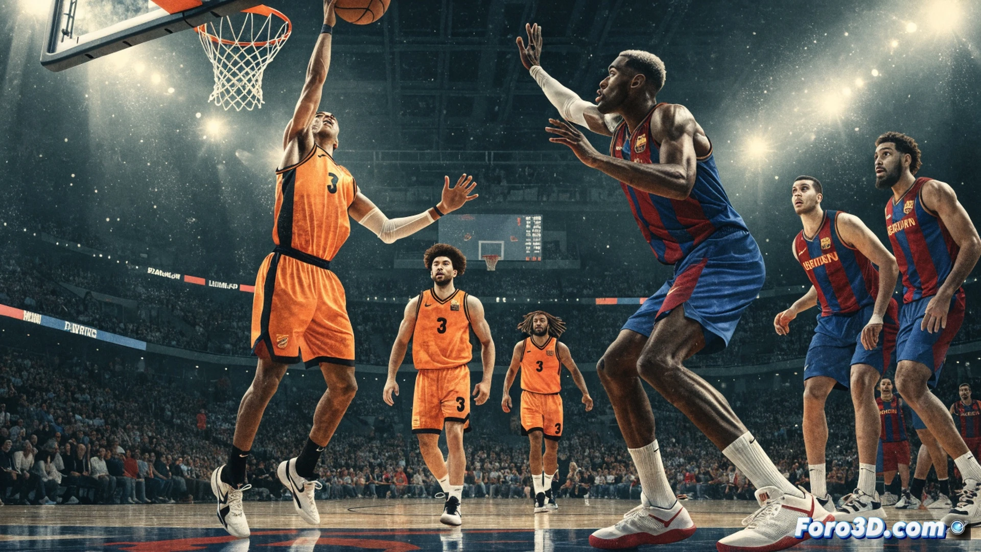 Valencia Basket player in orange jersey driving past Barcelona defender in a tense basketball action scene, ball mid-air during a fast break, crowd blurred in background with dramatic arena lighting, sweat droplets visible, intense facial expressions, high-contrast photorealistic sports photography style, motion blur on limbs, hardwood court reflection, split-second decisive moment captured, cinematic composition with deep shadows and bright court lights, ultra-detailed athletic gear textures, dynamic diagonal movement across frame