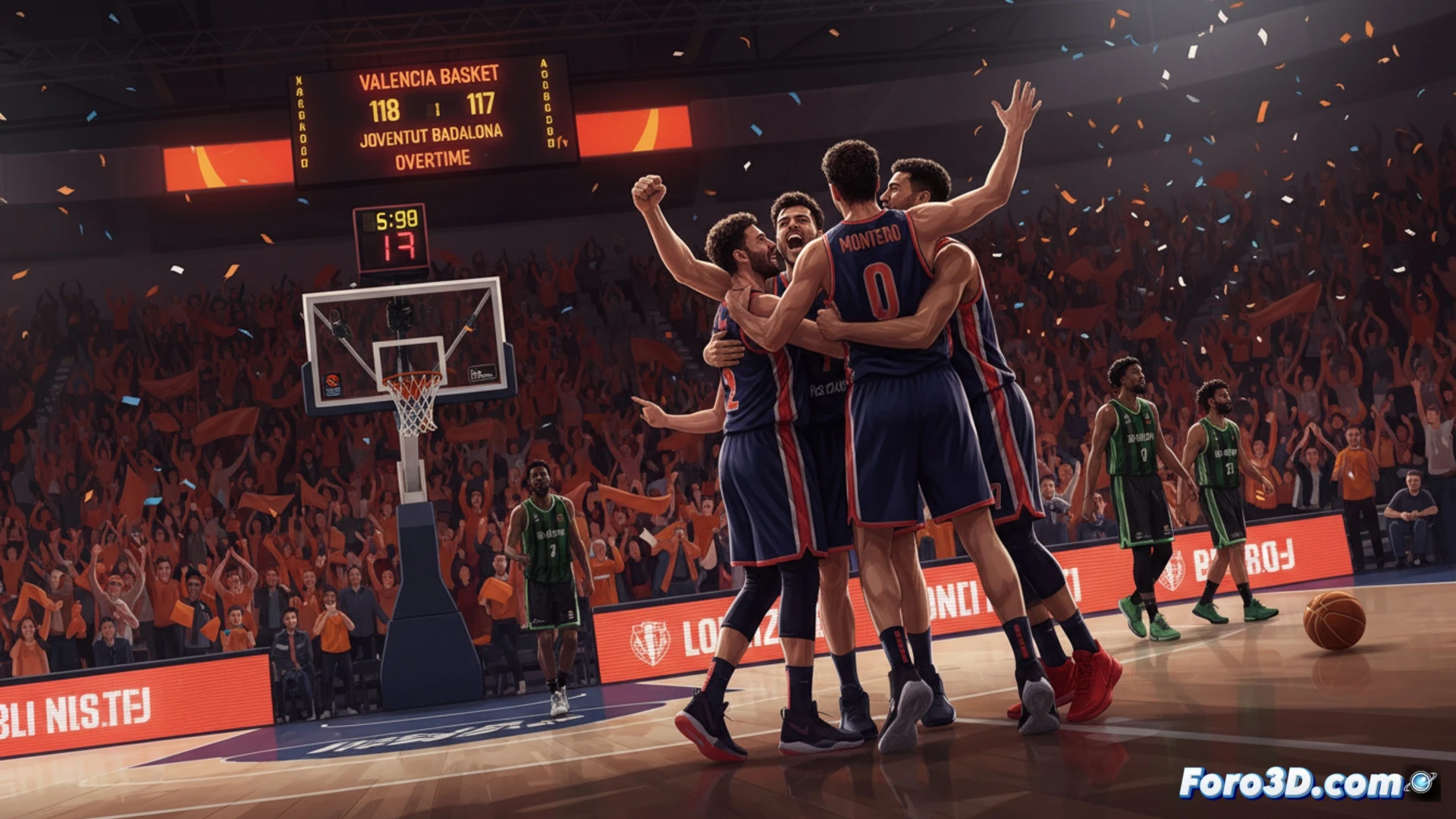 basketball arena during overtime final seconds, player Jean Montero releasing two free throws under intense pressure, ball mid-air with spin visible, opposing Joventut players reaching out in desperate defense, scoreboard showing 118-117 in bright red LED numbers, crowd on feet with arms raised, dramatic spotlight on the shooter, sweat droplets frozen in motion, polished wooden court reflecting stadium lights, photorealistic sports photography style, high-speed shutter effect capturing action, wide-angle lens perspective emphasizing tension, cinematic lighting with high contrast shadows