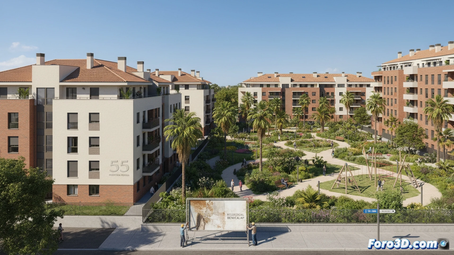 solar urbano abandonado transformándose en construcción de viviendas, grúas elevando paneles prefabricados de hormigón, excavadoras nivelando terreno para cimentación, arquitectos revisando planos digitales en tabletas, zona verde de 2000 metros cuadrados con árboles recién plantados, ingenieros midiendo alineación de pilares metálicos, demostrando proceso de rehabilitación urbana, estilo cinematic photorealistic, iluminación natural de atardecer mediterráneo, texturas de acero y hormigón visibles, profundidad de campo amplia, render técnico arquitectónico