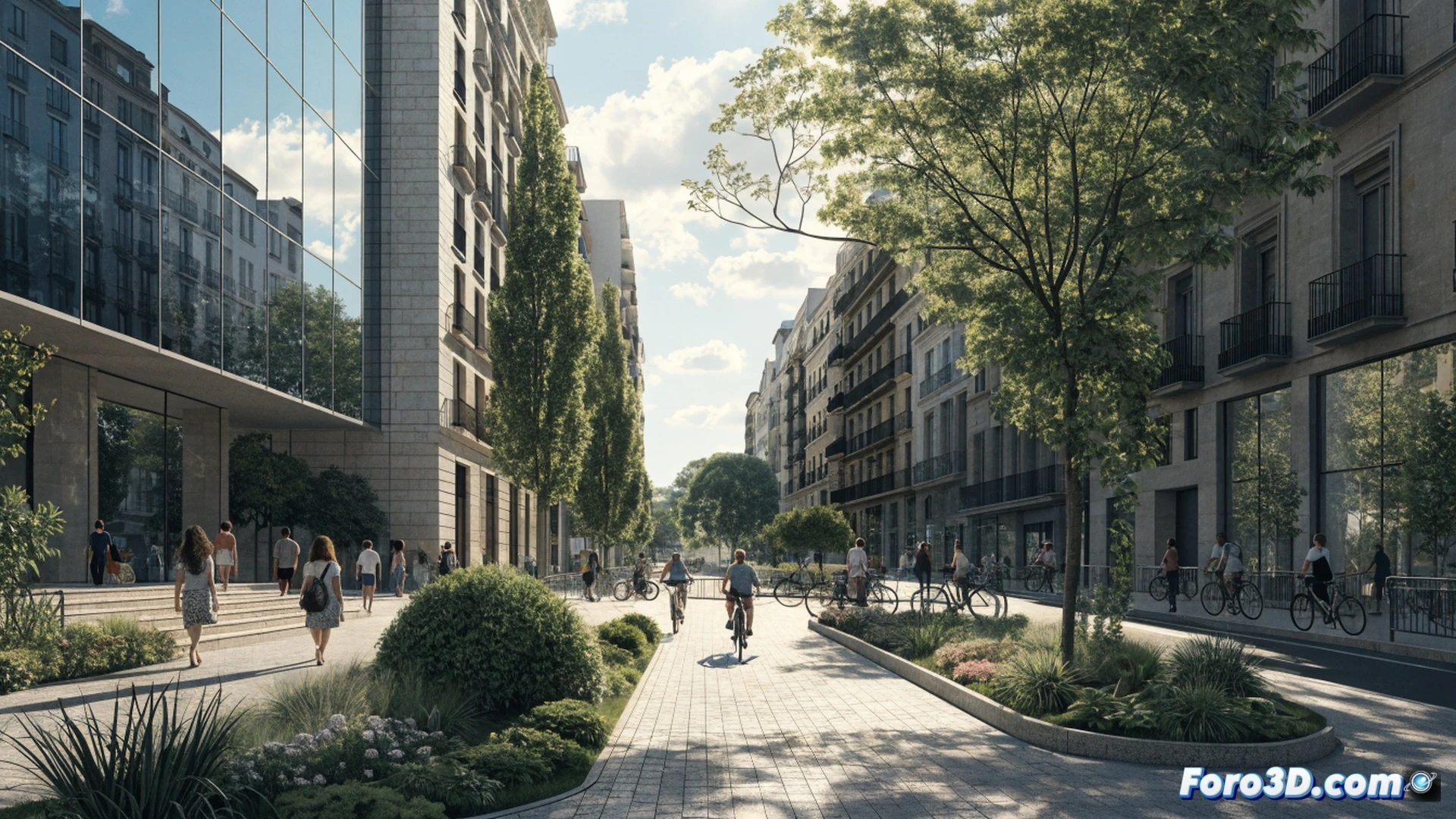 wide-angle photorealistic urban redesign scene, Valencia paseo García Lorca being transformed, 88 percent of street space reclaimed for pedestrians and cyclists, heavy construction machinery removing asphalt, workers installing new bike lane barriers and planting trees, a cyclist riding along a smooth red asphalt cycle track, families walking on wide pavement with benches, only a narrow single lane for bus traffic, modern street lamps and greenery, bright Mediterranean daylight, cinematic architectural visualization, realistic textures and shadows, detailed urban infrastructure, clean sustainable mobility design, photorealistic technical illustration