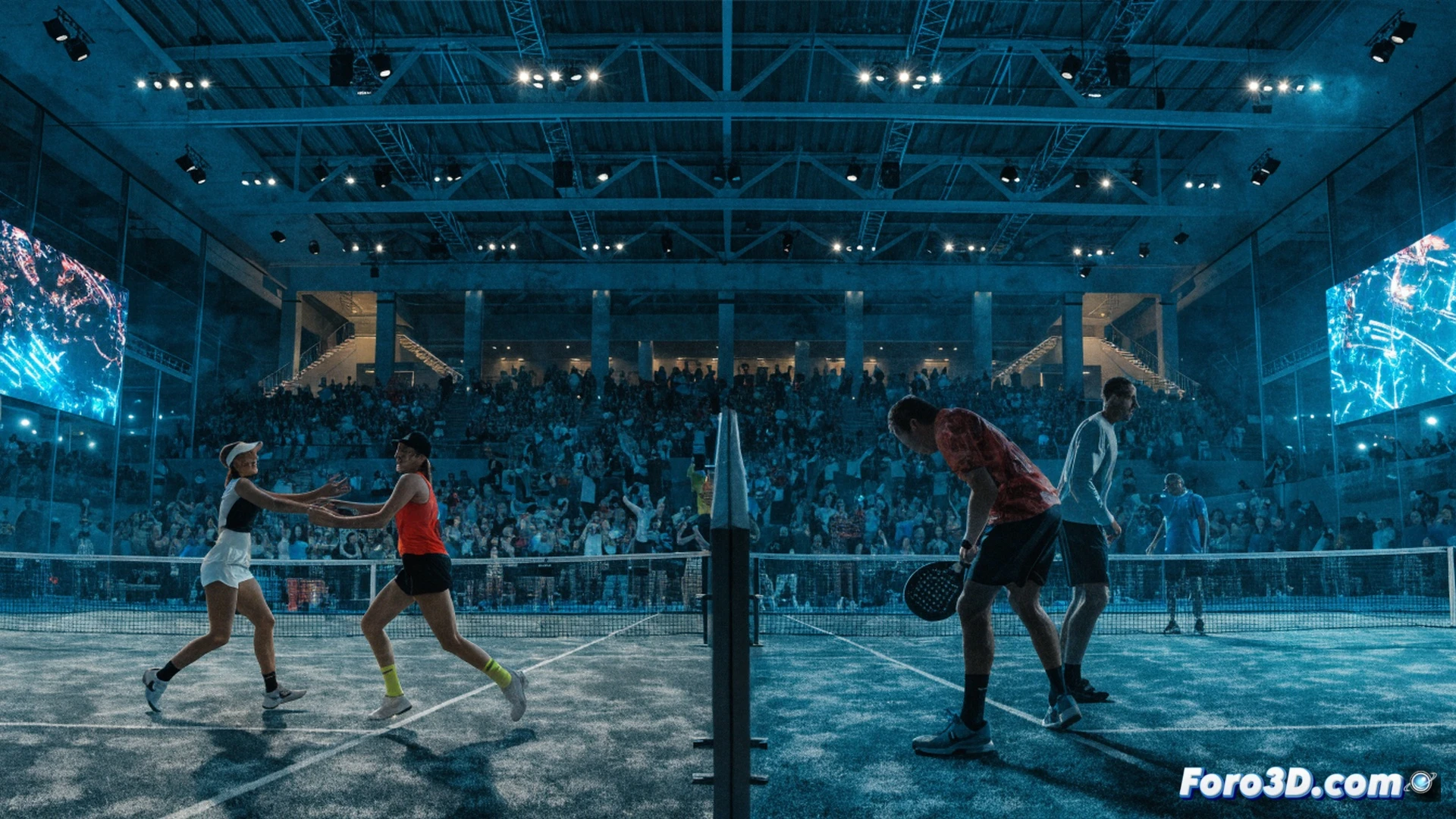 padel court packed with spectators under bright stadium lights, foreground showing Ari Sanchez and Andrea Ustero mid-smash with ball flying over net, background capturing Coello and Tapia celebrating after remontada victory, court surface with visible wear marks, net tension cables and metal posts, referee chair in background, electronic scoreboard displaying match stats, cinematic sports photography style, dramatic shadows from overhead lighting, motion blur on ball and racket swings, vibrant crowd blur, photorealistic technical render, ultra-detailed players expressions and equipment