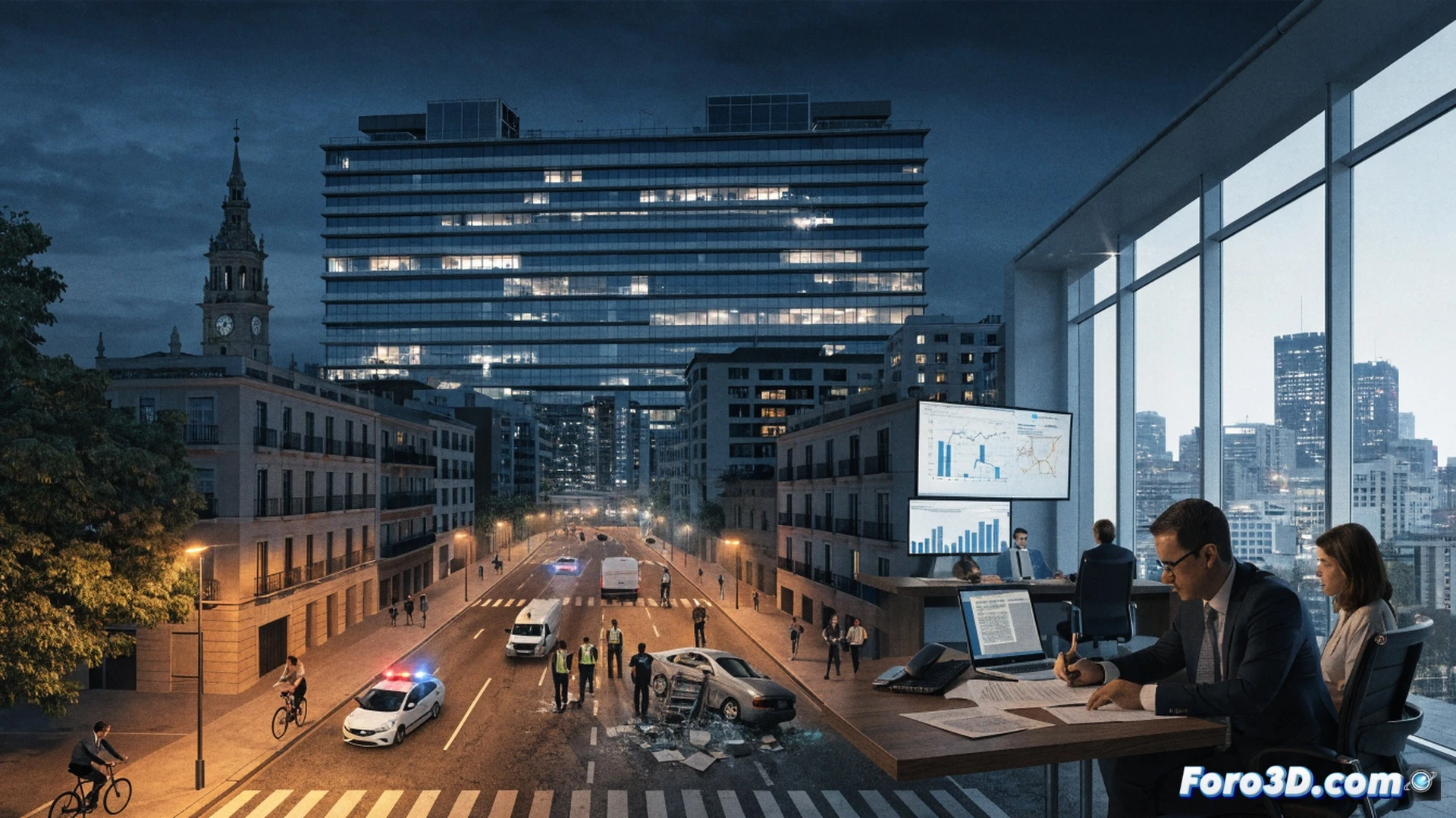 photorealistic cinematic scene of a modern valencia city hall office, a municipal worker handing a legal assistance folder to a distressed car accident victim, victim holding a crumpled police report and broken smartphone, desk showing a laptop with claim management software interface, stacked papers with technical diagrams of crash reconstruction, warm indoor lighting contrasting with blue digital screens, emotional human gesture demonstrating support process, professional bureaucratic environment, ultra-detailed textures of documents and devices, photorealistic technical illustration