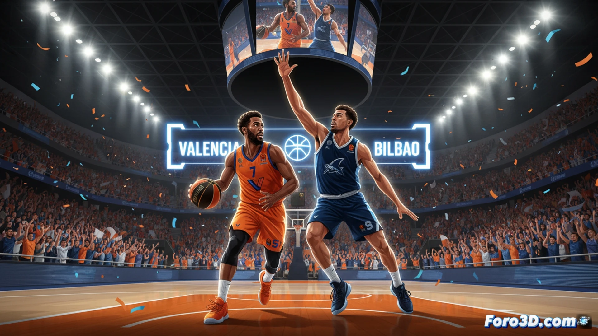 Valencia Basket player in orange jersey executing a fast break layup, Surne Bilbao Basket defender jumping for a block, hardwood court with playoff logo, basketball net snapping from the shot, high-intensity action, cinematic sports photography style, dramatic arena lighting, crowd blurred in background, sweat droplets frozen mid-air, photorealistic render, ultra-detailed player uniforms and muscle tension, motion blur on spinning ball