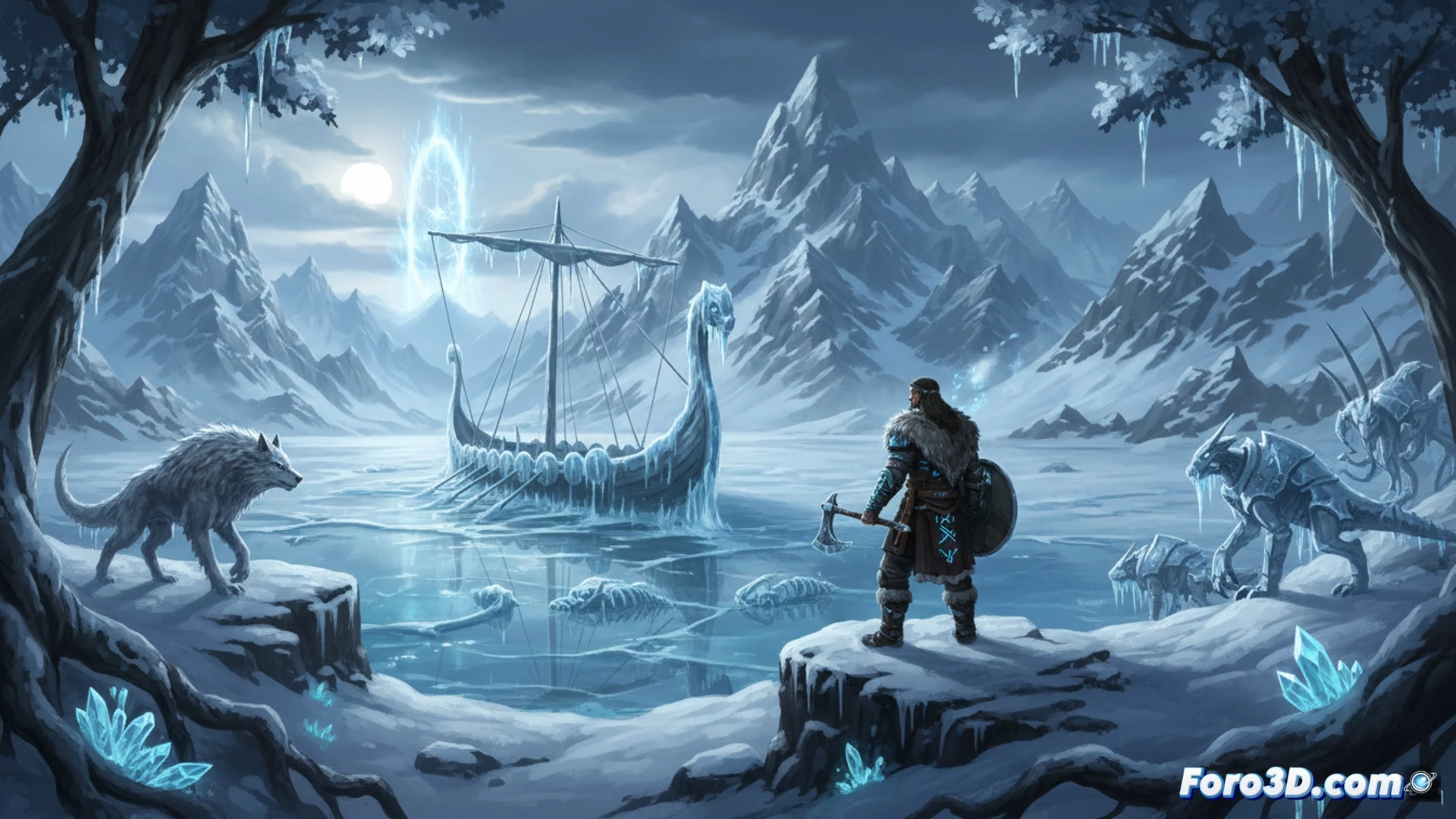 Viking warrior in fur armor fighting a massive ice golem on a frozen tundra, frost-covered longaxe shattering a crystal spike, snow particles swirling in a blizzard, distant Viking longhouse partially buried in snow, glowing runes on weapons emitting cold mist, cinematic photorealistic rendering, dramatic low-angle sunlight piercing storm clouds, frost forming on metal armor, hyper-detailed ice textures, action-packed combat pose, dynamic snow displacement during impact, technical illustration style with volumetric fog and particle effects